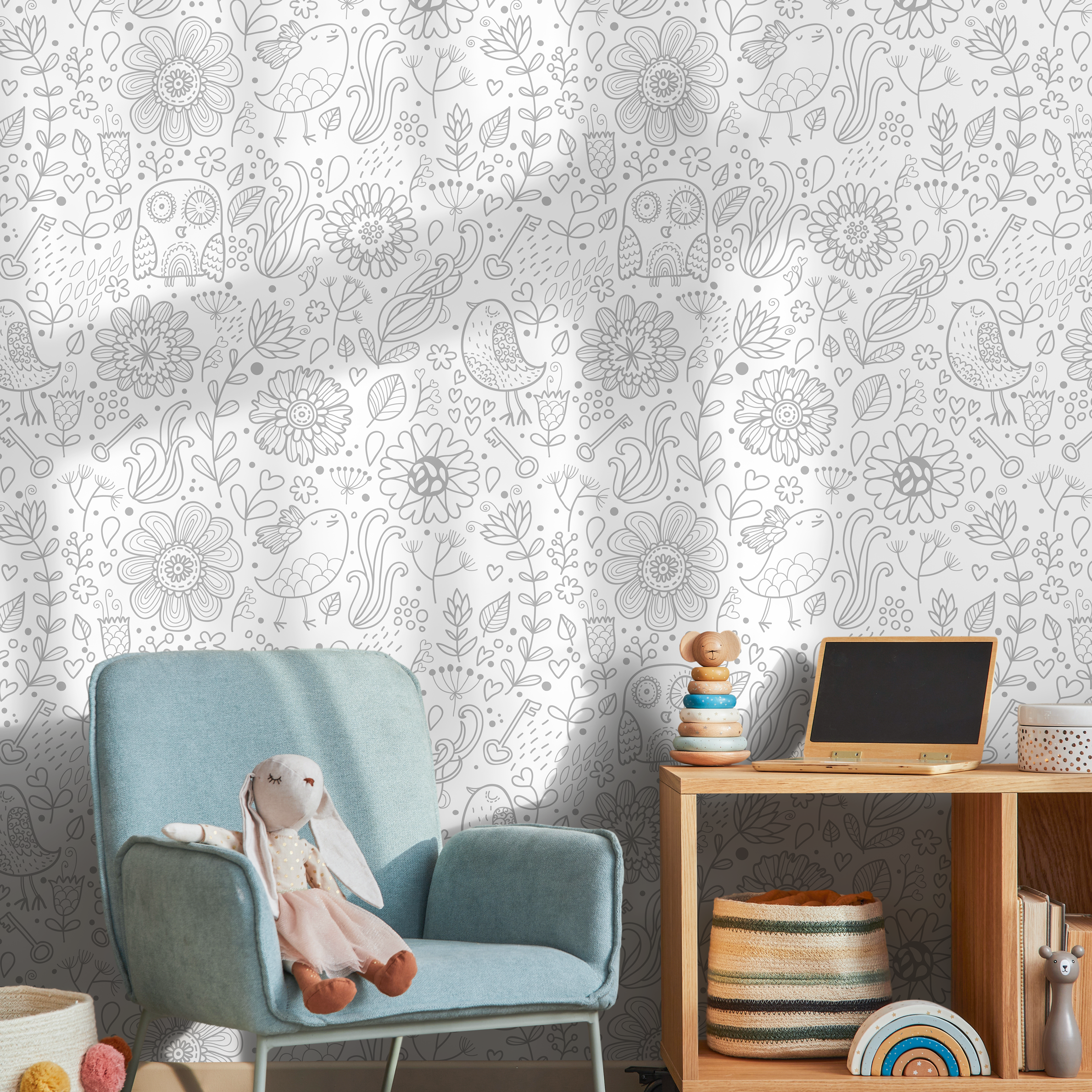 Scandinavian Wallpaper With Hand-drawn Florals And Animals In Gray - A452