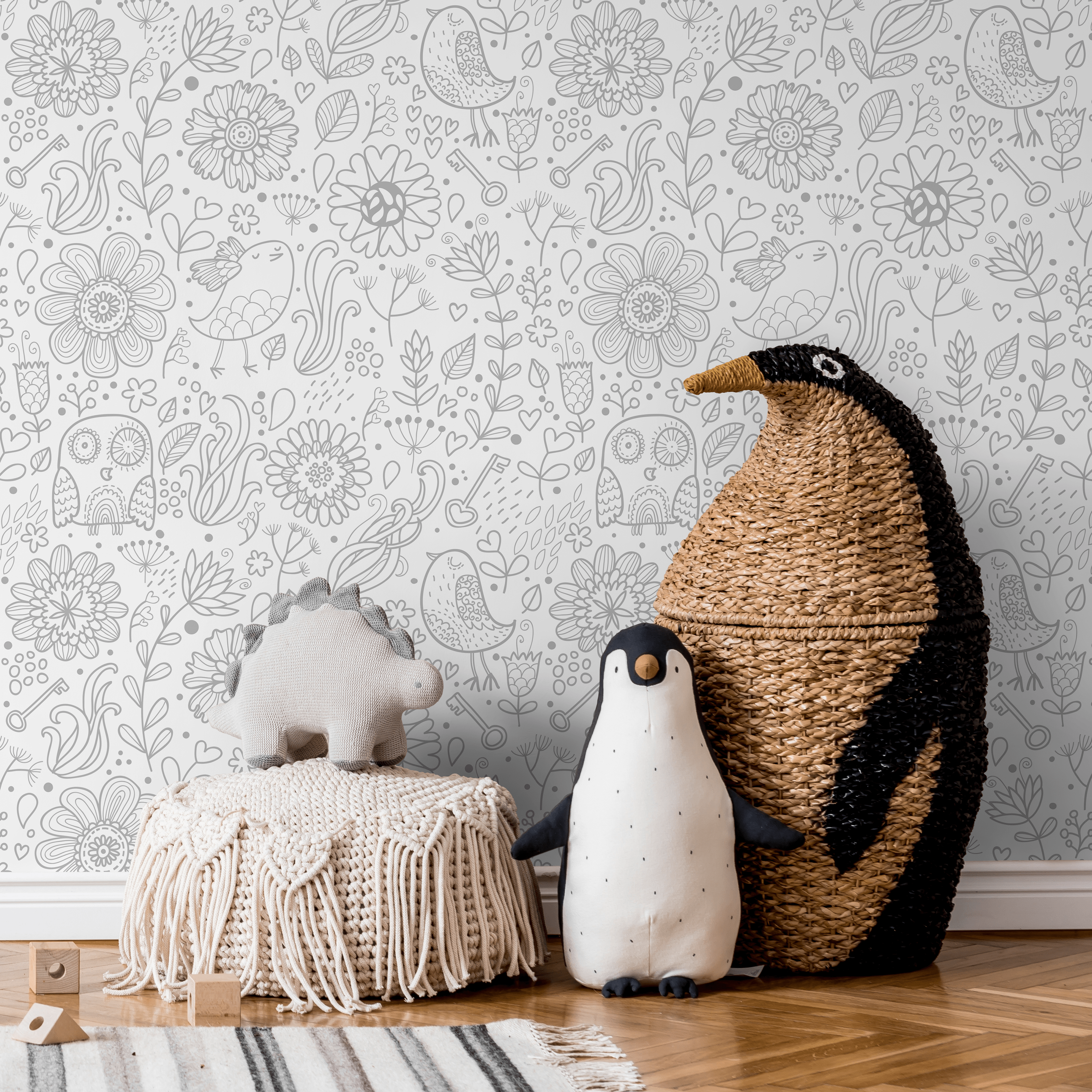 Scandinavian Wallpaper With Hand-drawn Florals And Animals In Gray - A452