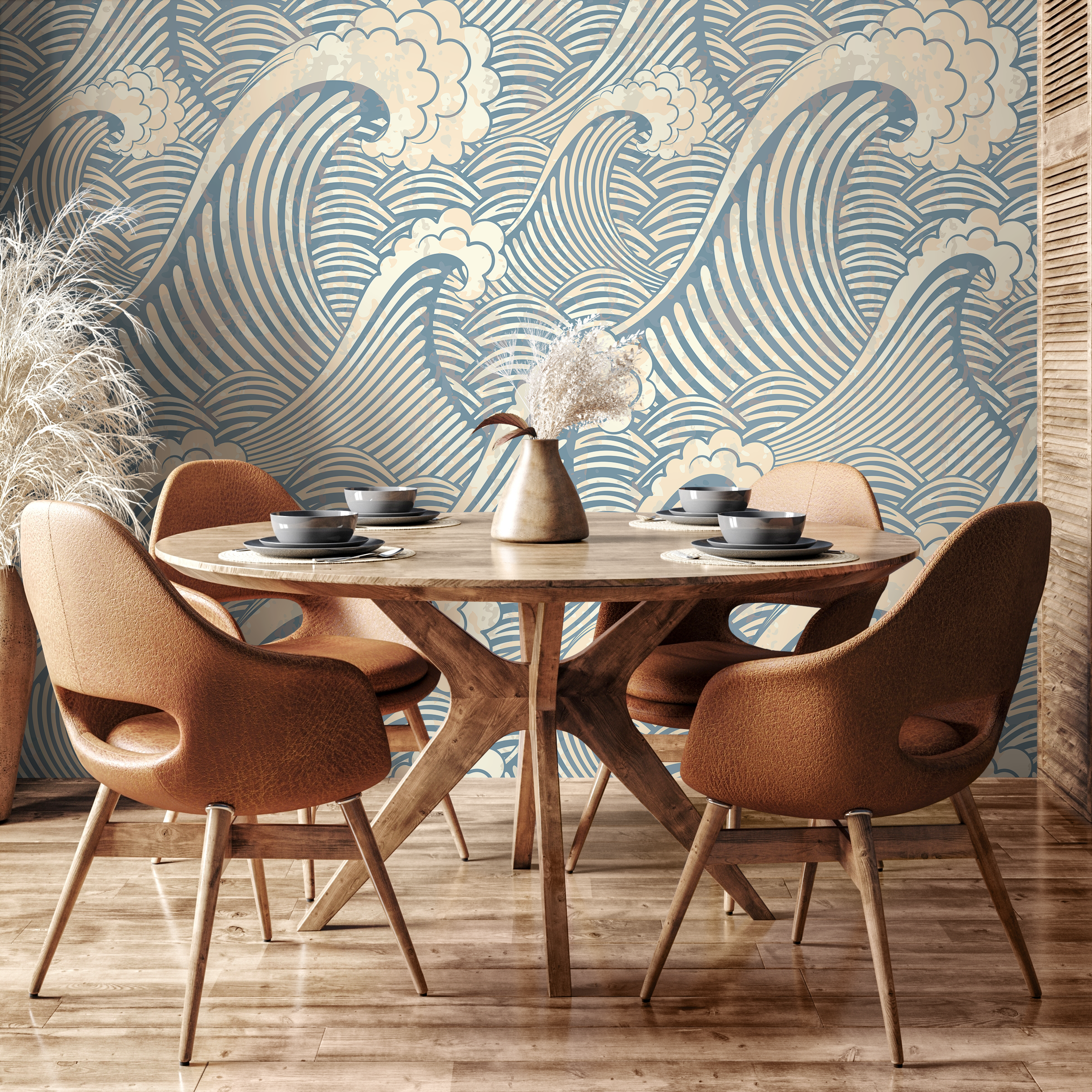 Nautical Wallpaper With Japanese Inspired Waves In Blue And Beige - A464