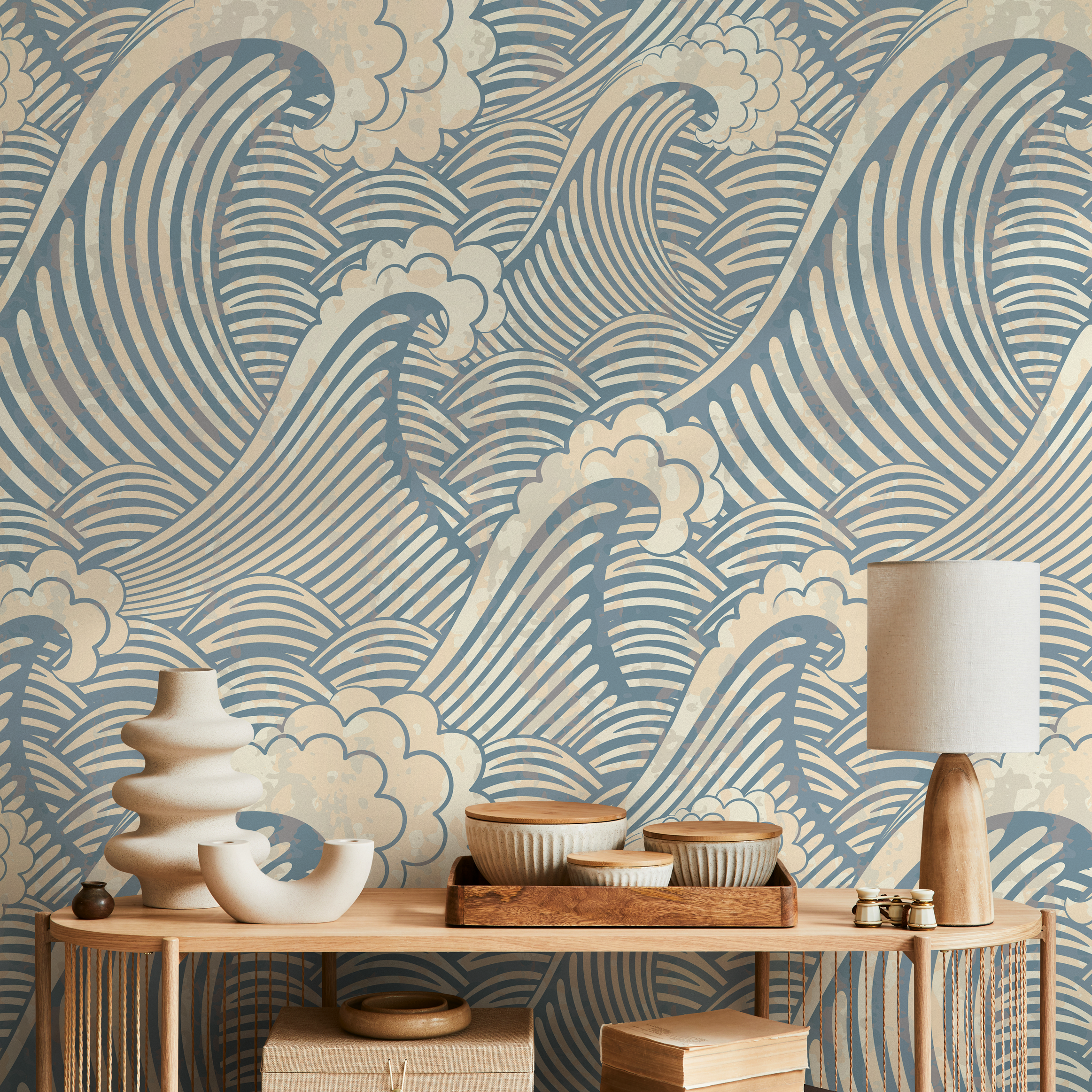 Nautical Wallpaper With Japanese Inspired Waves In Blue And Beige - A464