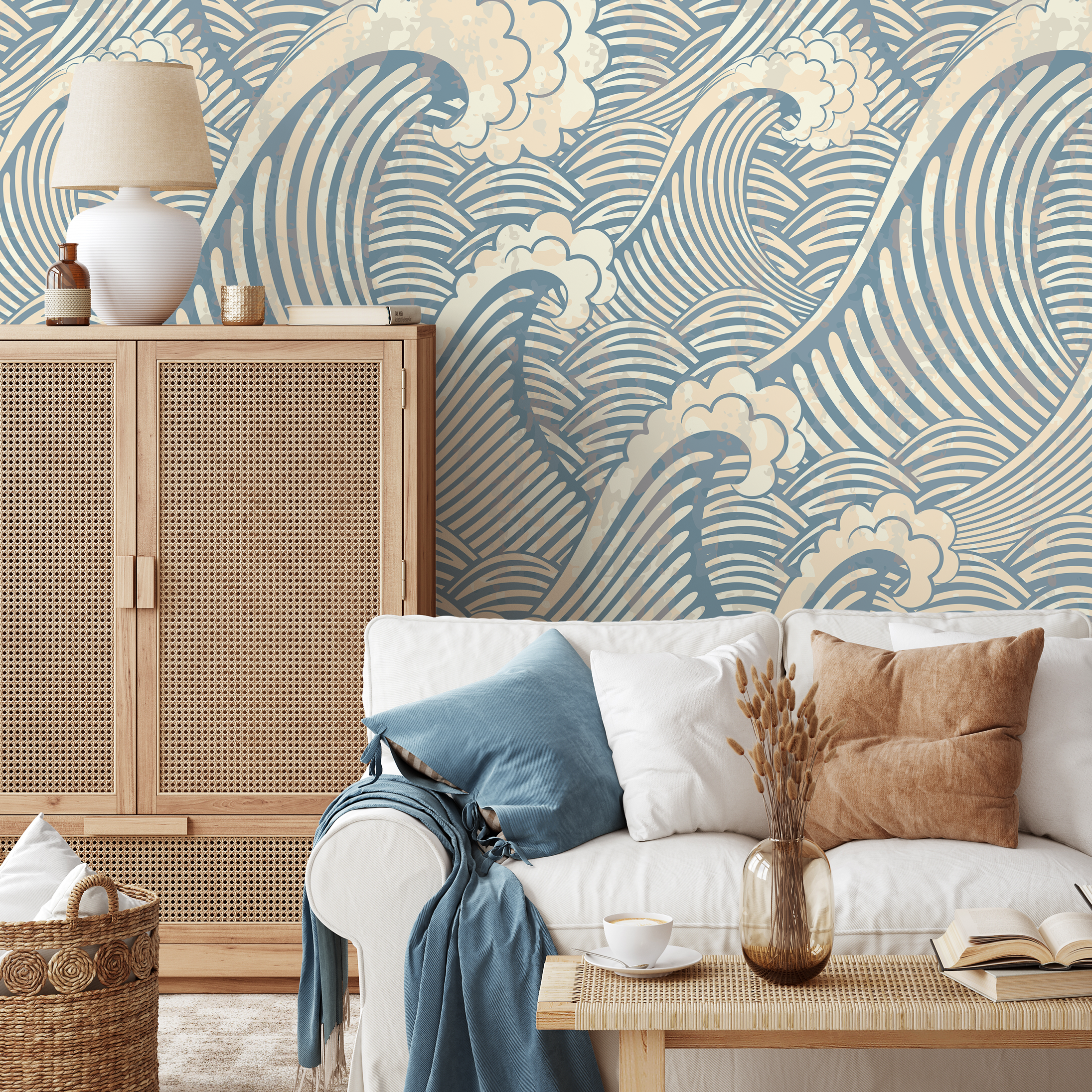 Nautical Wallpaper With Japanese Inspired Waves In Blue And Beige - A464