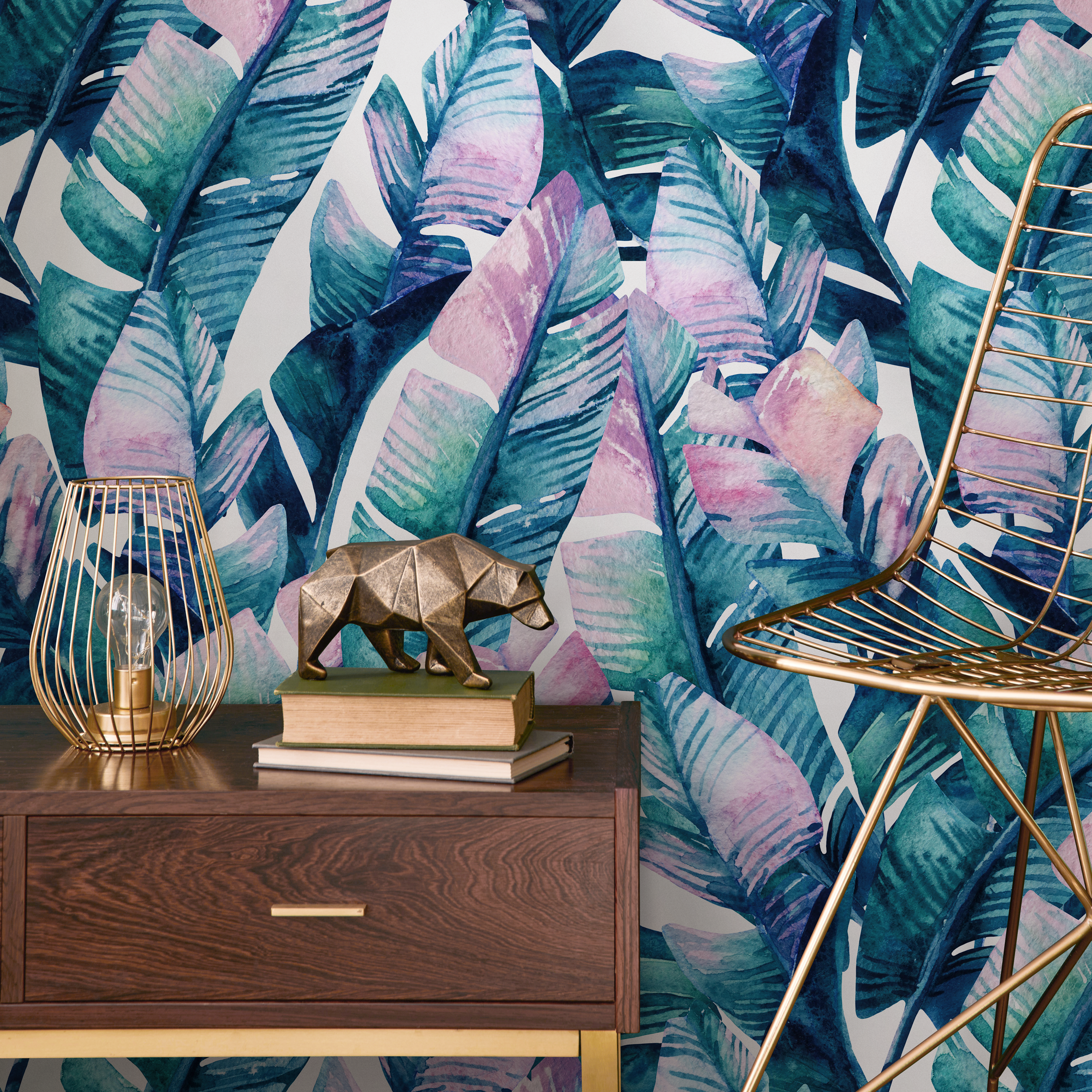 Botanical Wallpaper Featuring Painted Tropical Leaves In Teal, Blue, And Pink - A467