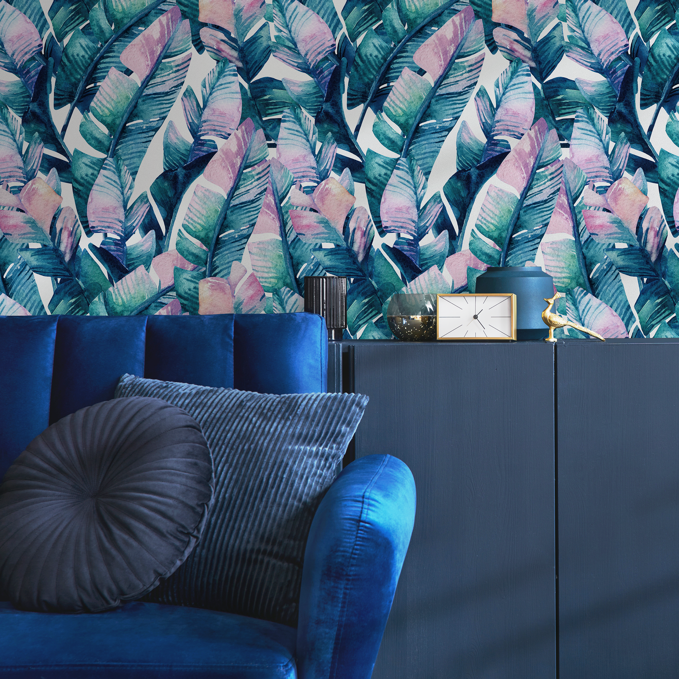 Botanical Wallpaper Featuring Painted Tropical Leaves In Teal, Blue, And Pink - A467