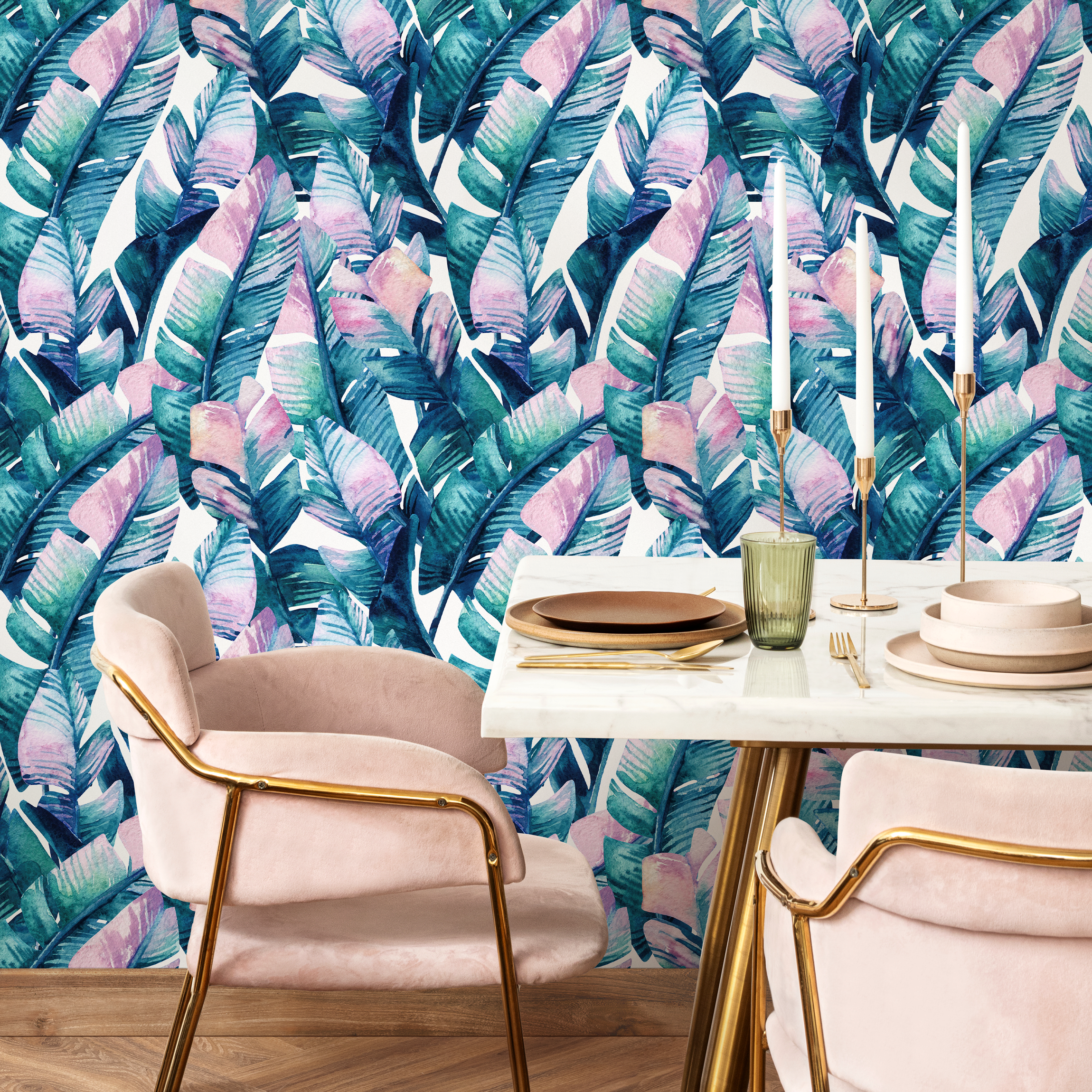 Botanical Wallpaper Featuring Painted Tropical Leaves In Teal, Blue, And Pink - A467