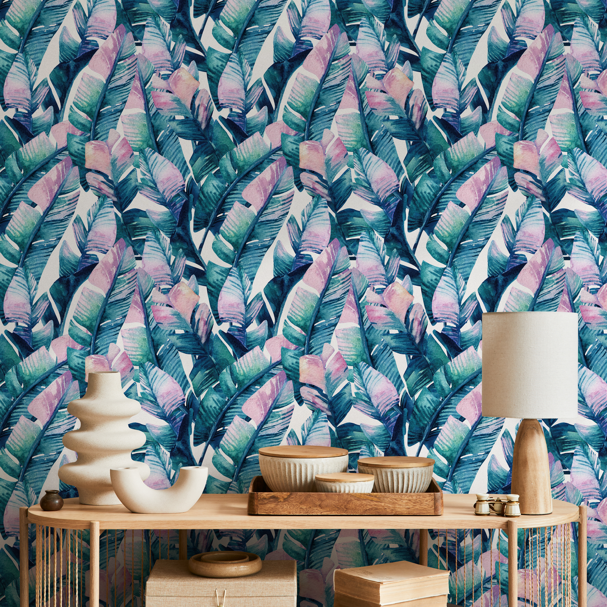 Botanical Wallpaper Featuring Painted Tropical Leaves In Teal, Blue, And Pink - A467