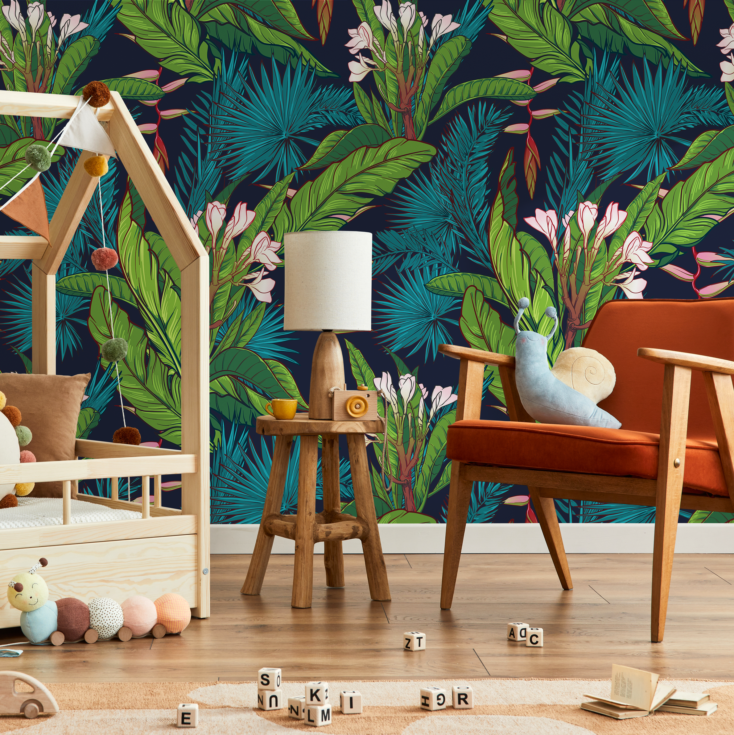 Tropical Wallpaper With Lush Jungle Leaves In Navy Blue, Green, And Teal - A469