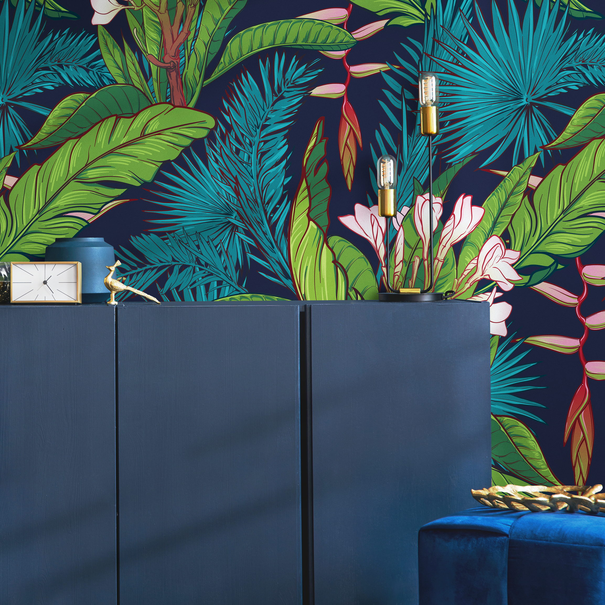 Tropical Wallpaper With Lush Jungle Leaves In Navy Blue, Green, And Teal - A469
