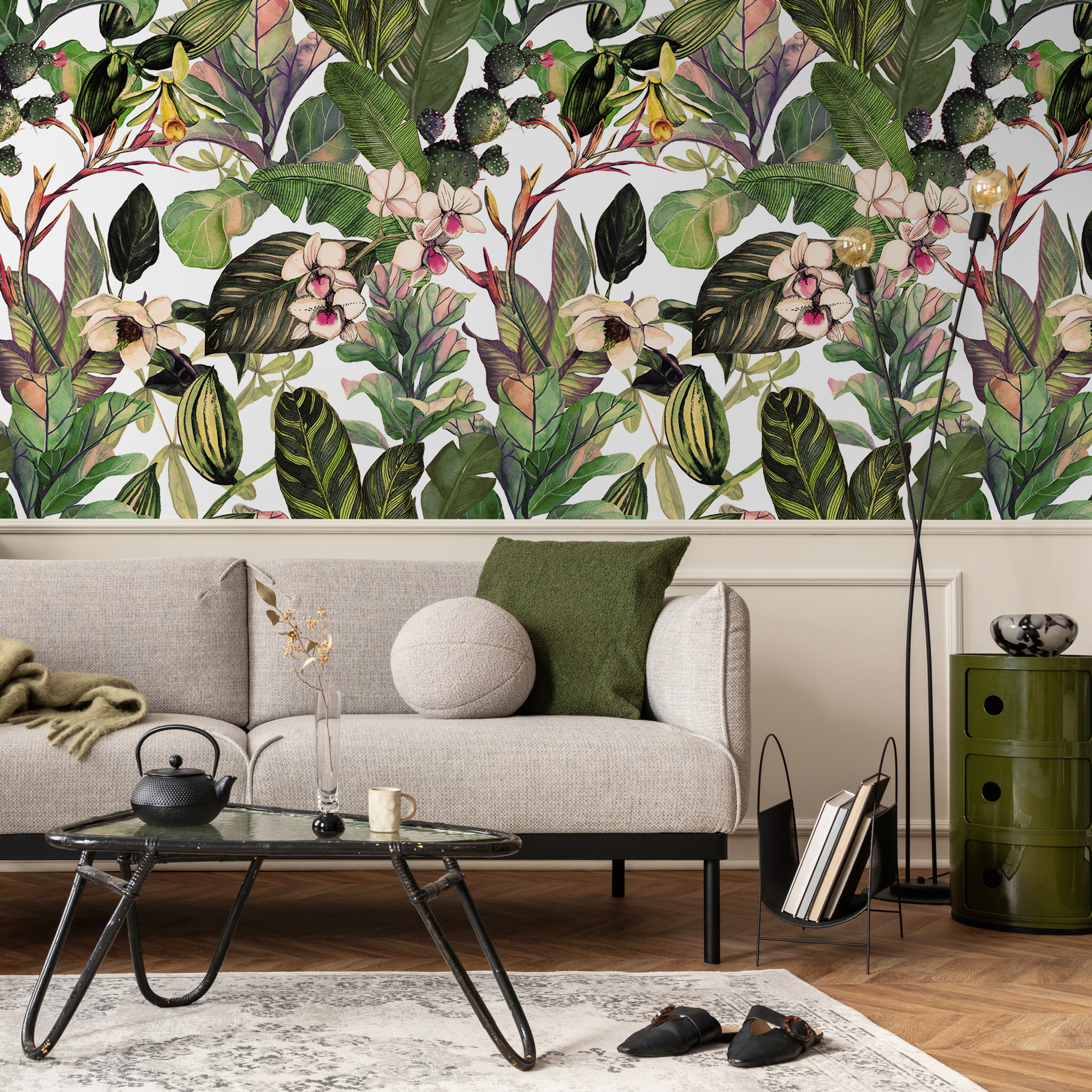 Botanical Wallpaper With Tropical Leaves And Orchids In Green And Pink - A471