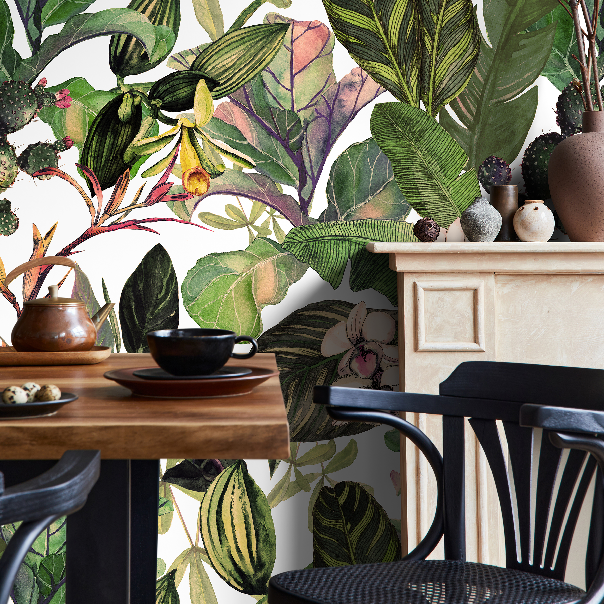 Botanical Wallpaper With Tropical Leaves And Orchids In Green And Pink - A471