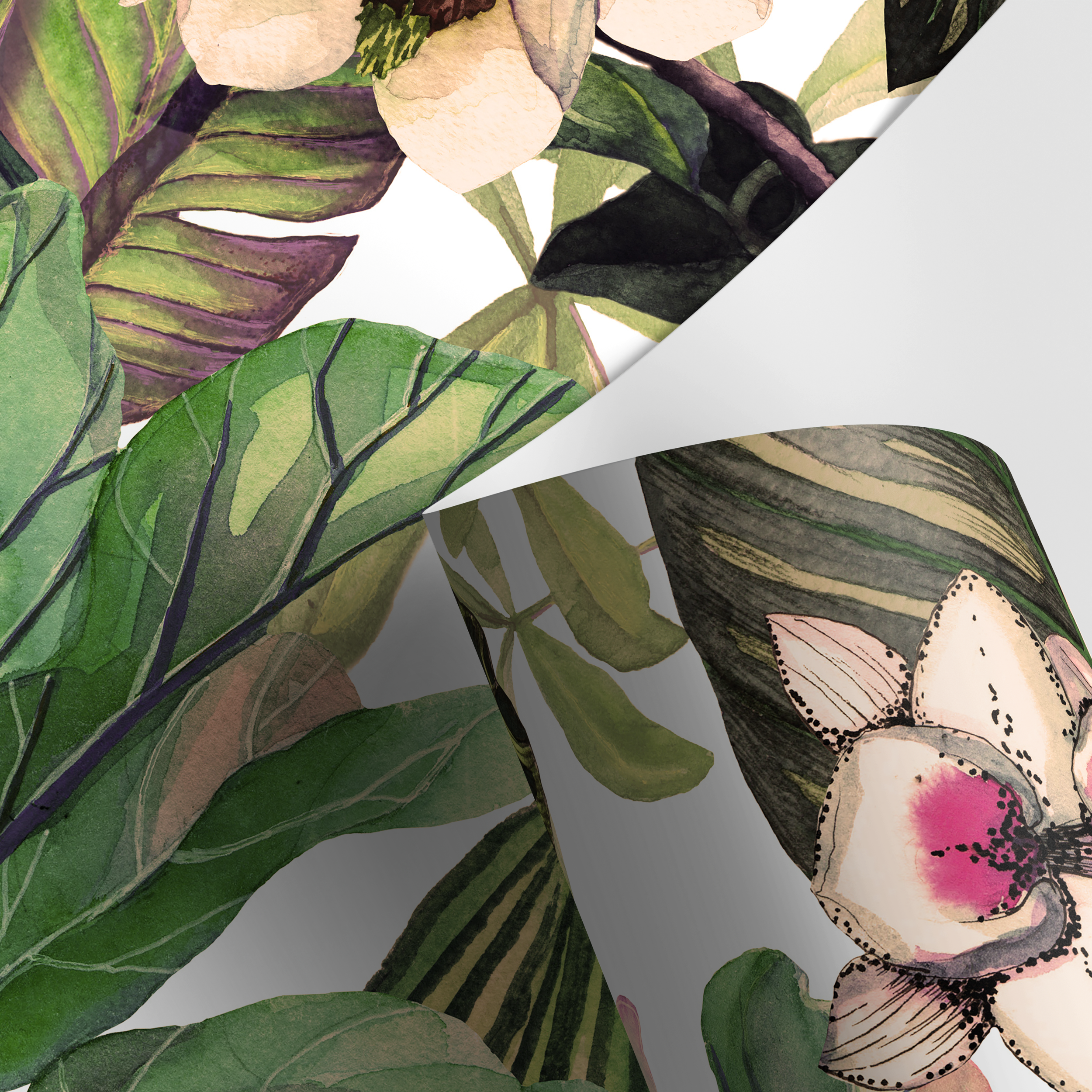 Botanical Wallpaper With Tropical Leaves And Orchids In Green And Pink - A471