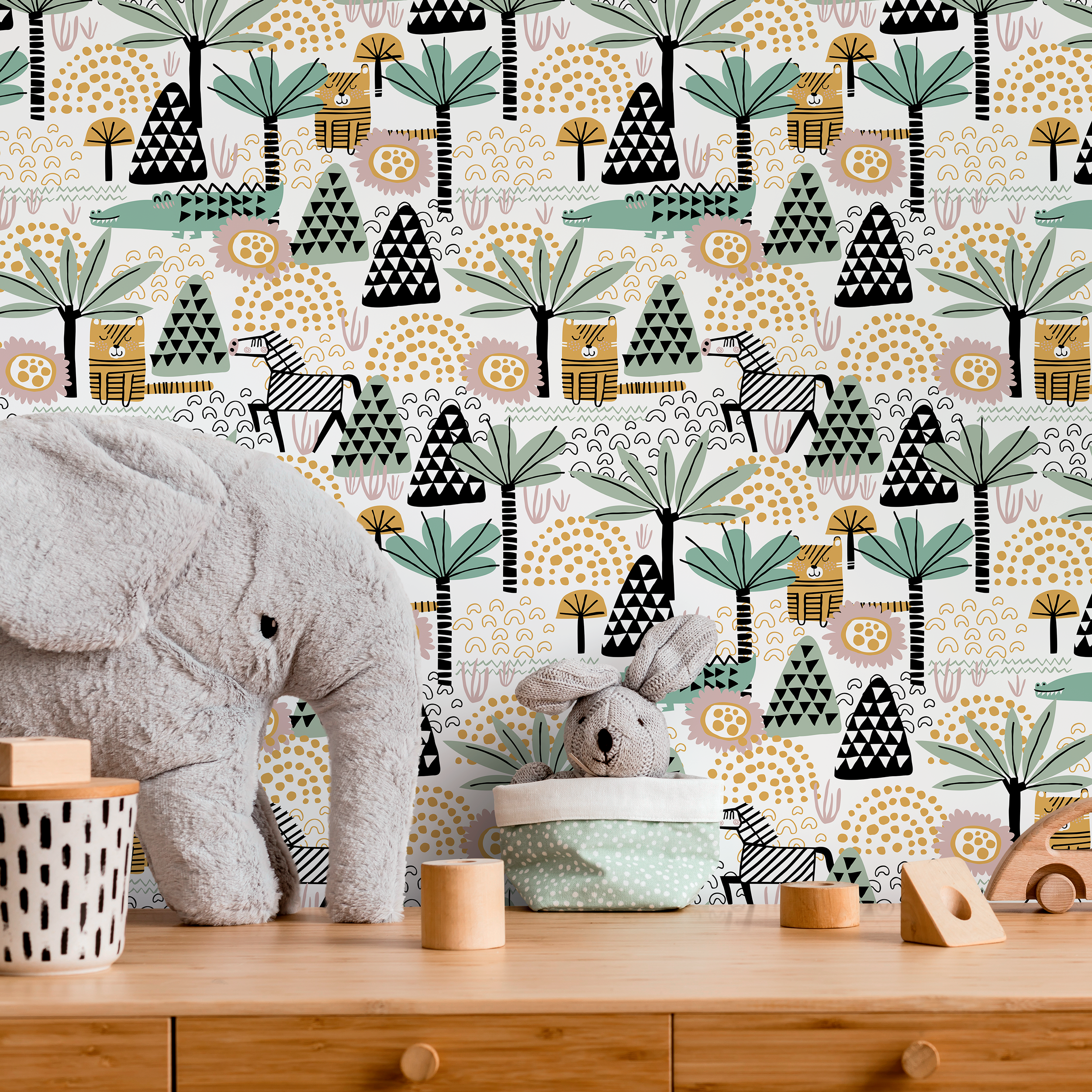 Jungle Wallpaper With Stylized Tigers And Palms In Green And Ochre - A492
