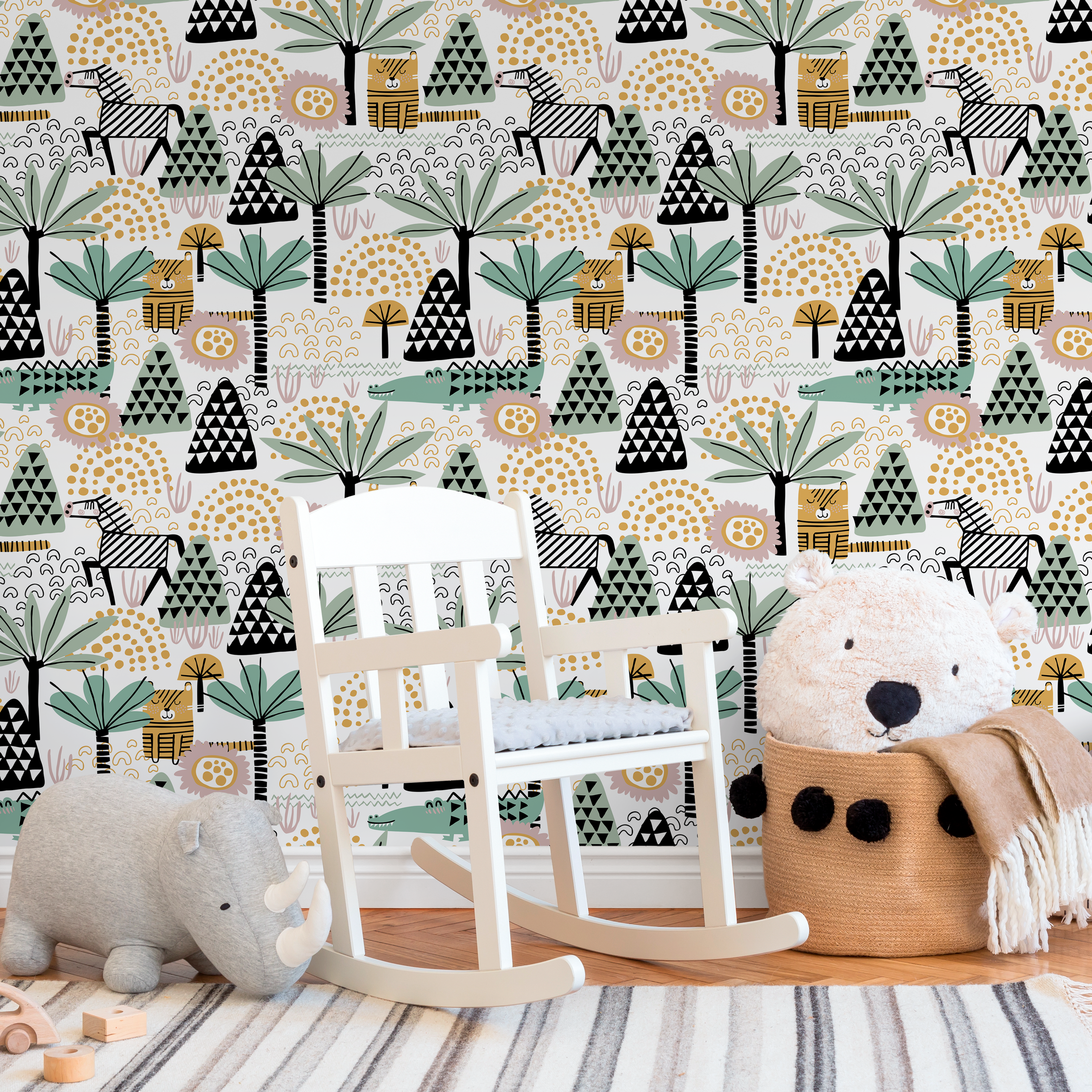 Jungle Wallpaper With Stylized Tigers And Palms In Green And Ochre - A492