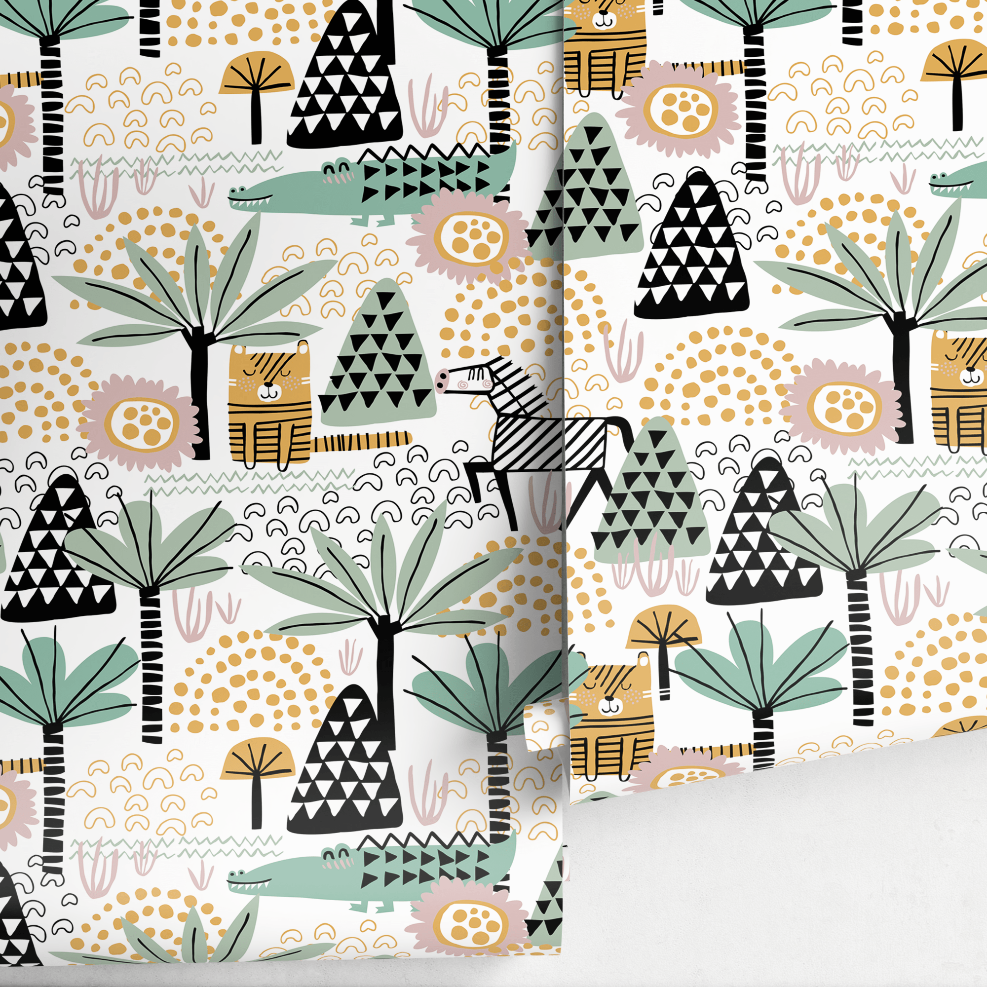 Jungle Wallpaper With Stylized Tigers And Palms In Green And Ochre - A492
