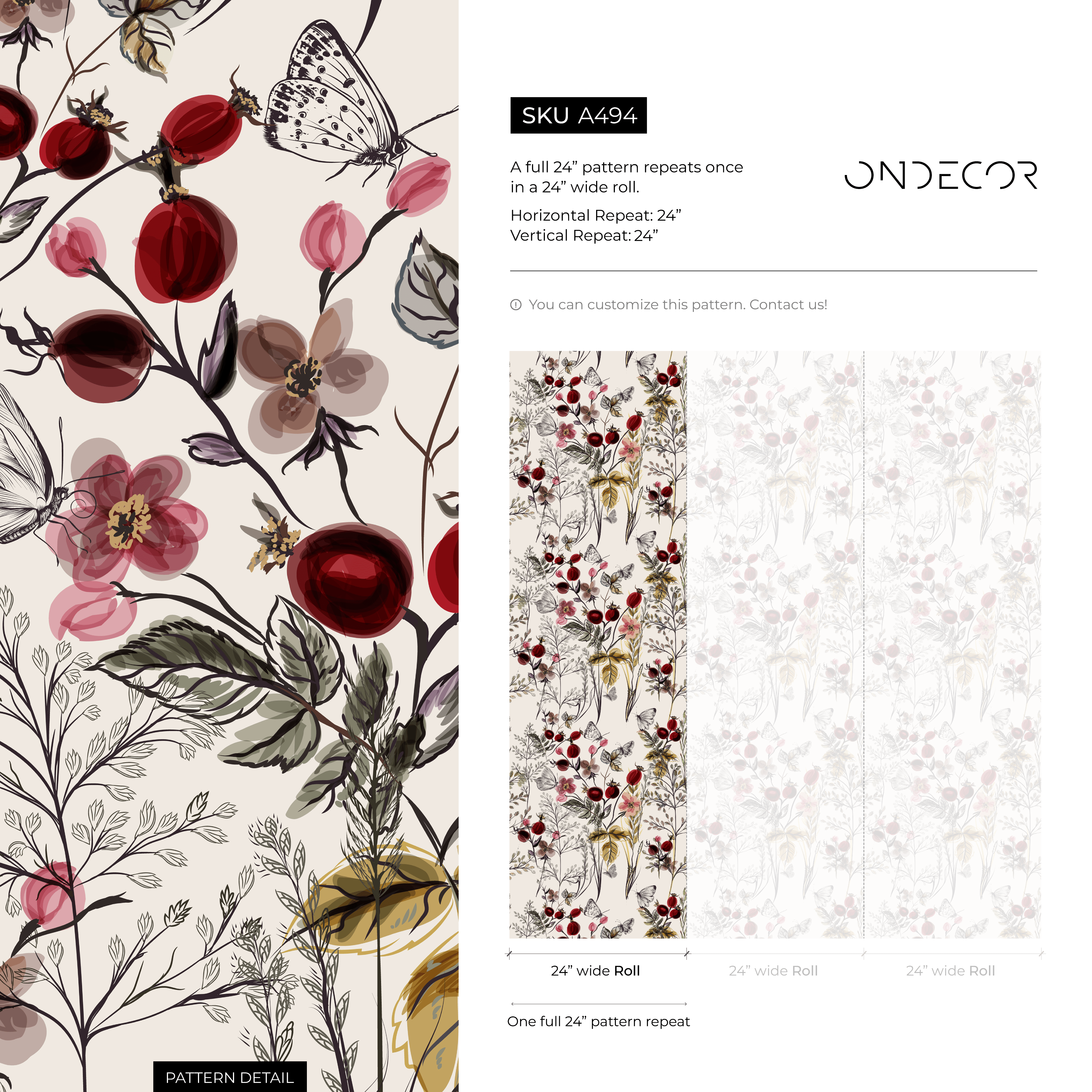 Botanical Wallpaper Featuring Wildflowers And Berries In Red And Pink - A494