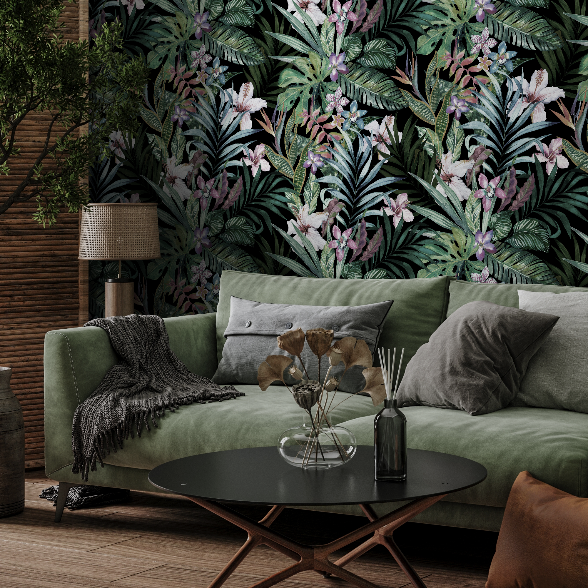 Botanical Wallpaper Featuring Jungle Flowers And Leaves In Green And Purple - A499