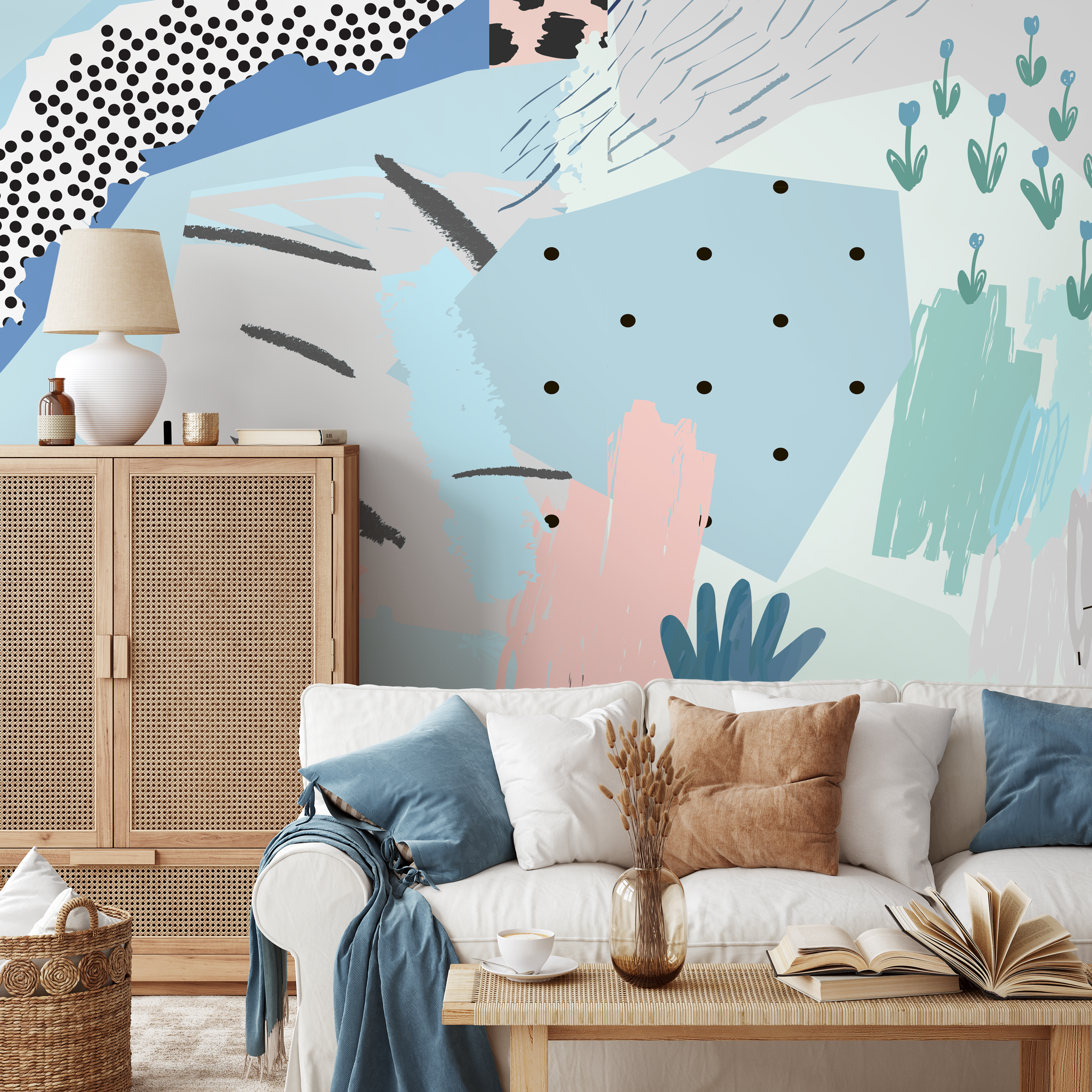 Abstract Wallpaper With A Pop Art Collage In Pink, Blue, And Yellow - A521