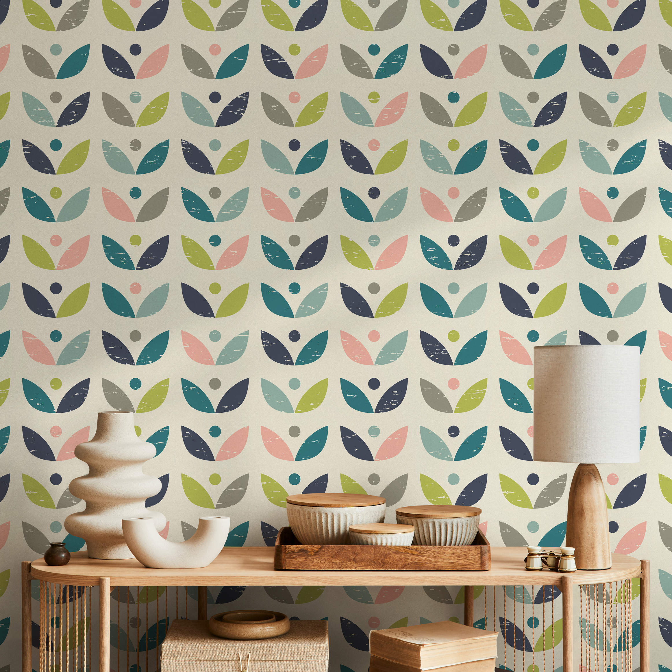 Scandinavian Wallpaper With A Geometric Petal Motif In Teal, Pink, And Green - A523