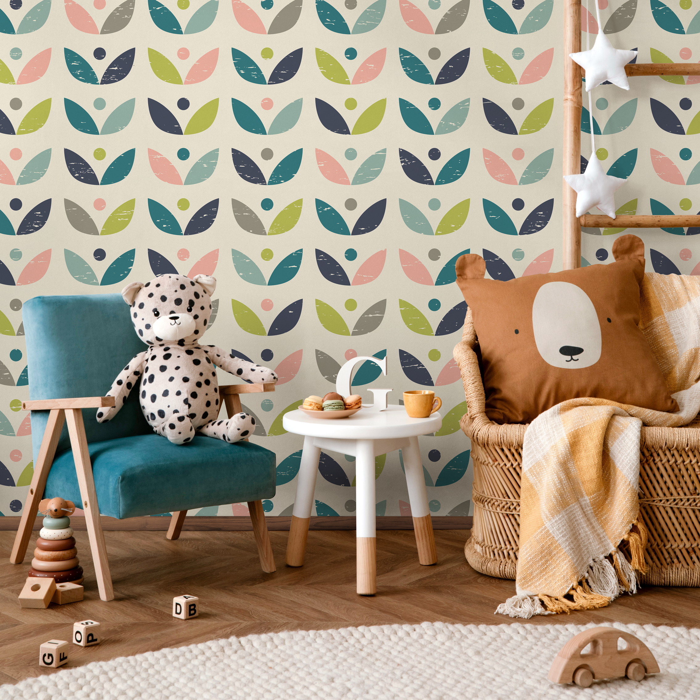 Scandinavian Wallpaper With A Geometric Petal Motif In Teal, Pink, And Green - A523
