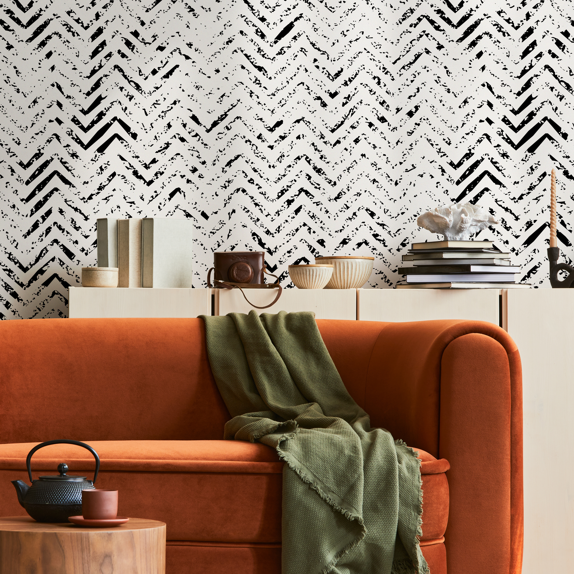 Abstract Wallpaper With A Distressed Herringbone Motif In Black And White - A559