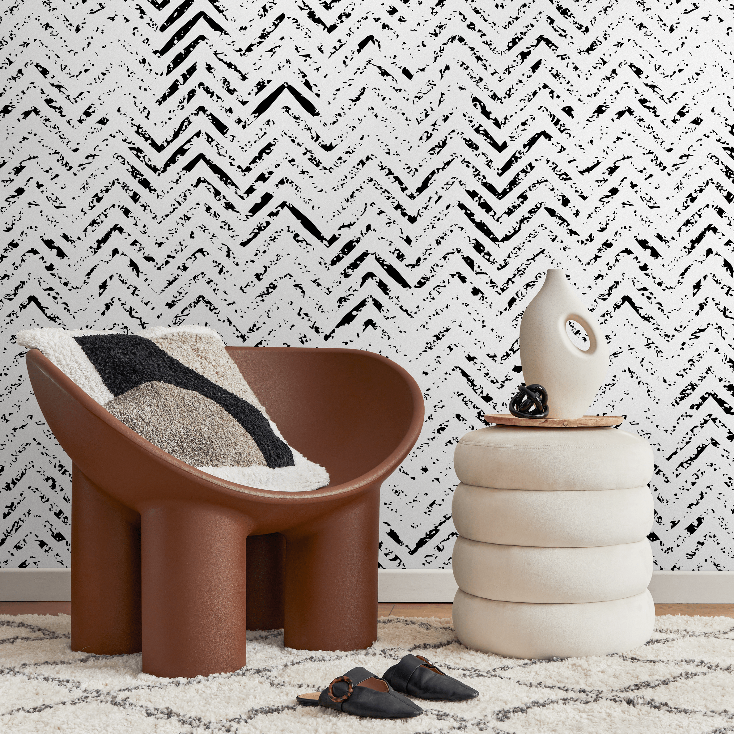 Abstract Wallpaper With A Distressed Herringbone Motif In Black And White - A559