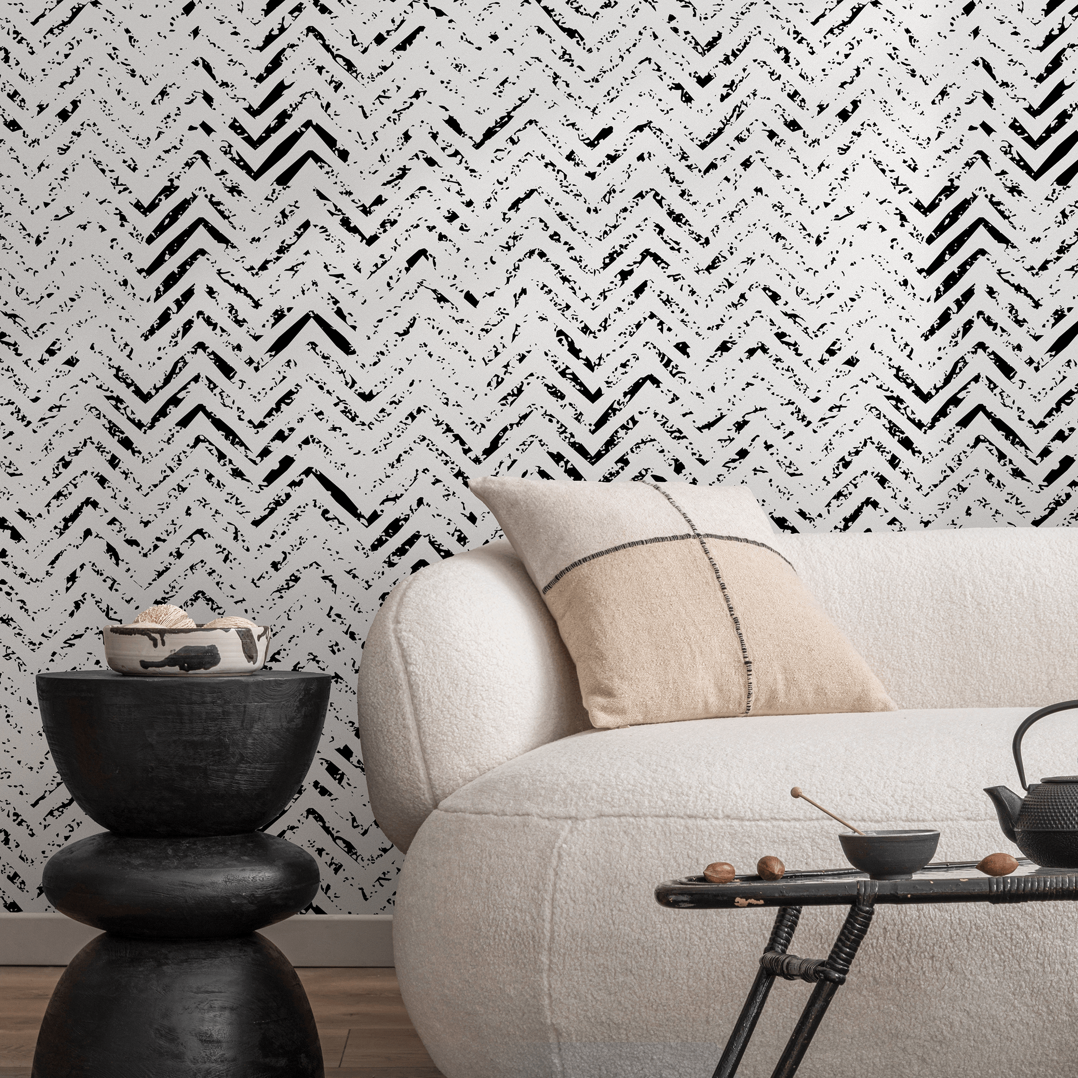 Abstract Wallpaper With A Distressed Herringbone Motif In Black And White - A559
