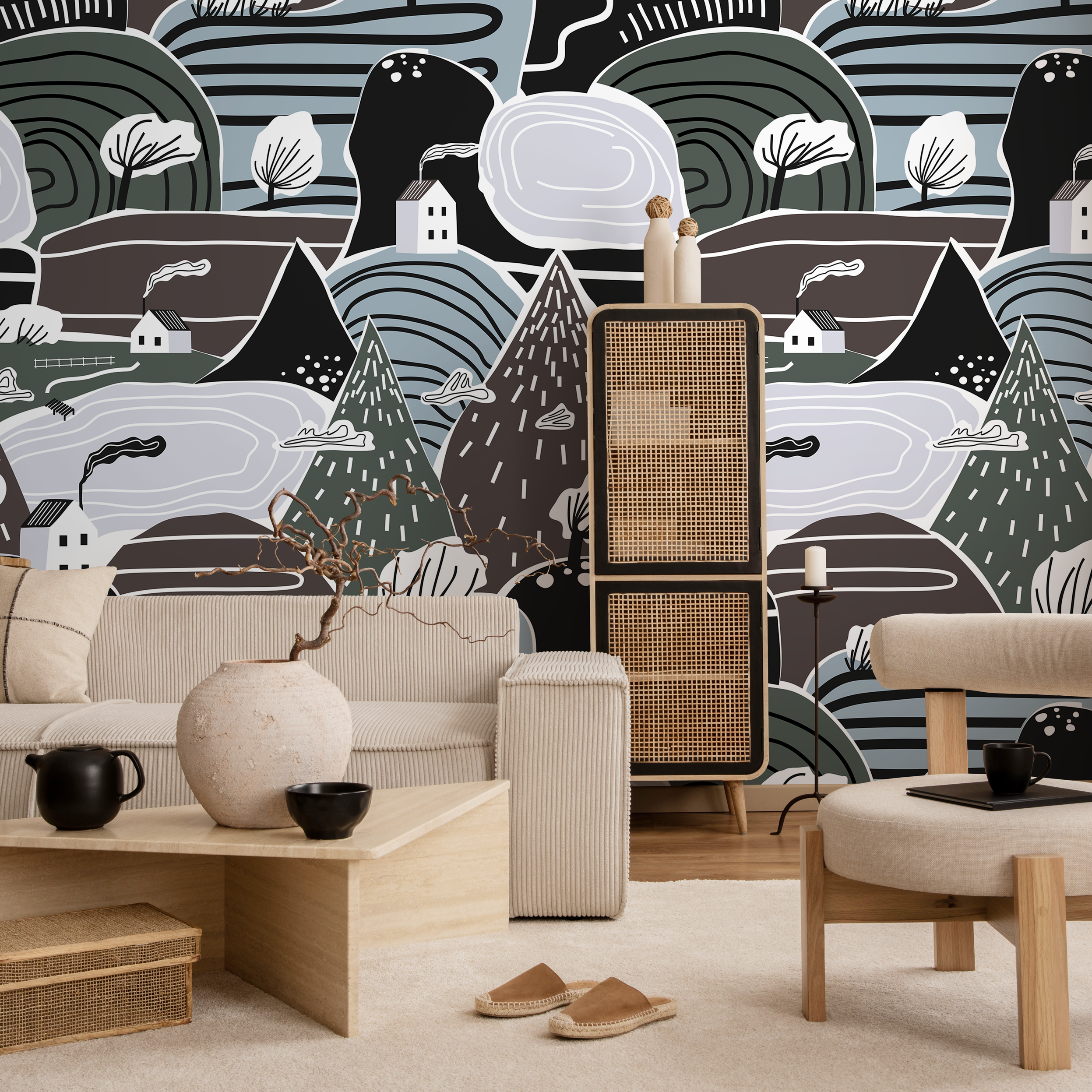 Scandinavian Wallpaper With A Folk Art Mountain Village In Black, Blue, And Green - A567