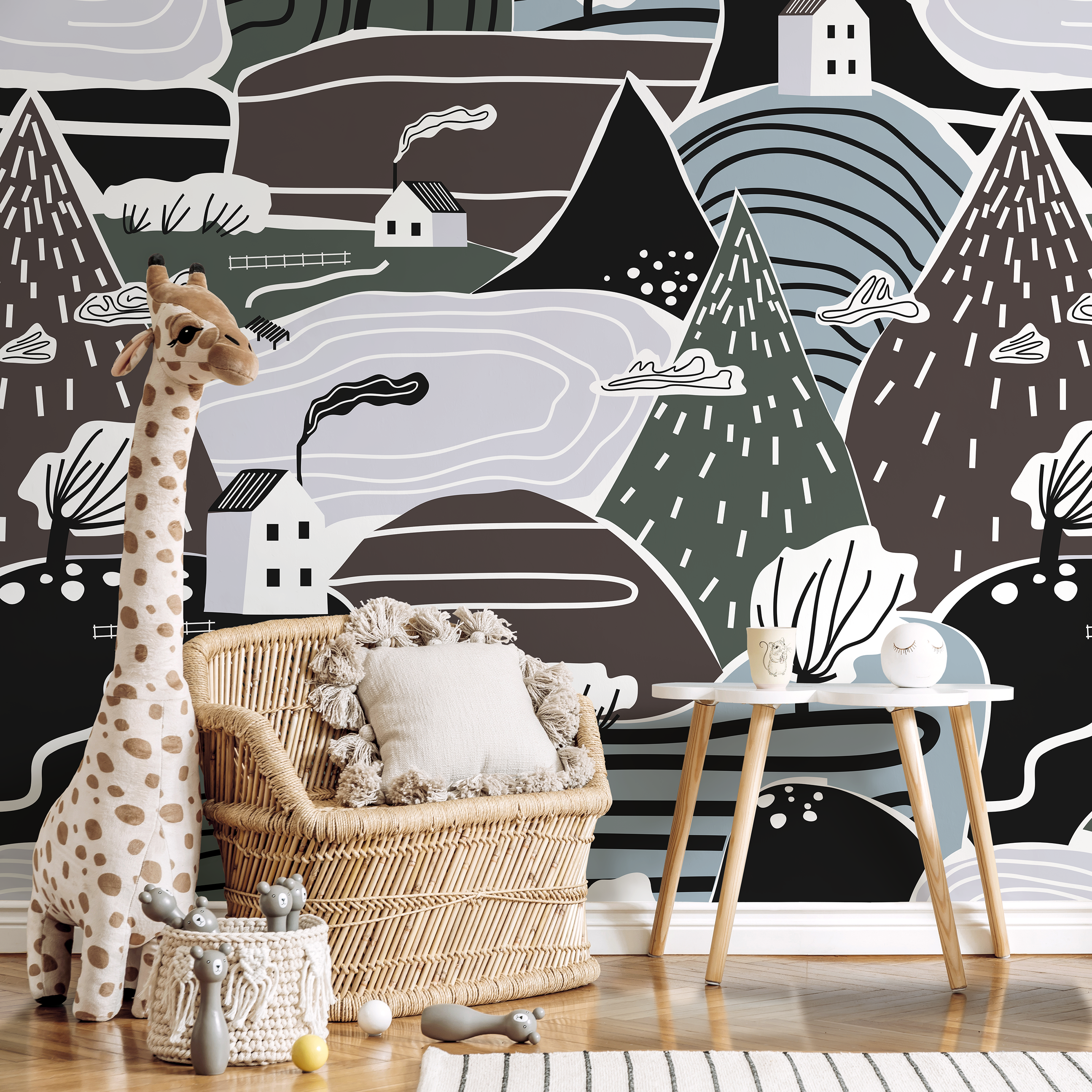 Scandinavian Wallpaper With A Folk Art Mountain Village In Black, Blue, And Green - A567