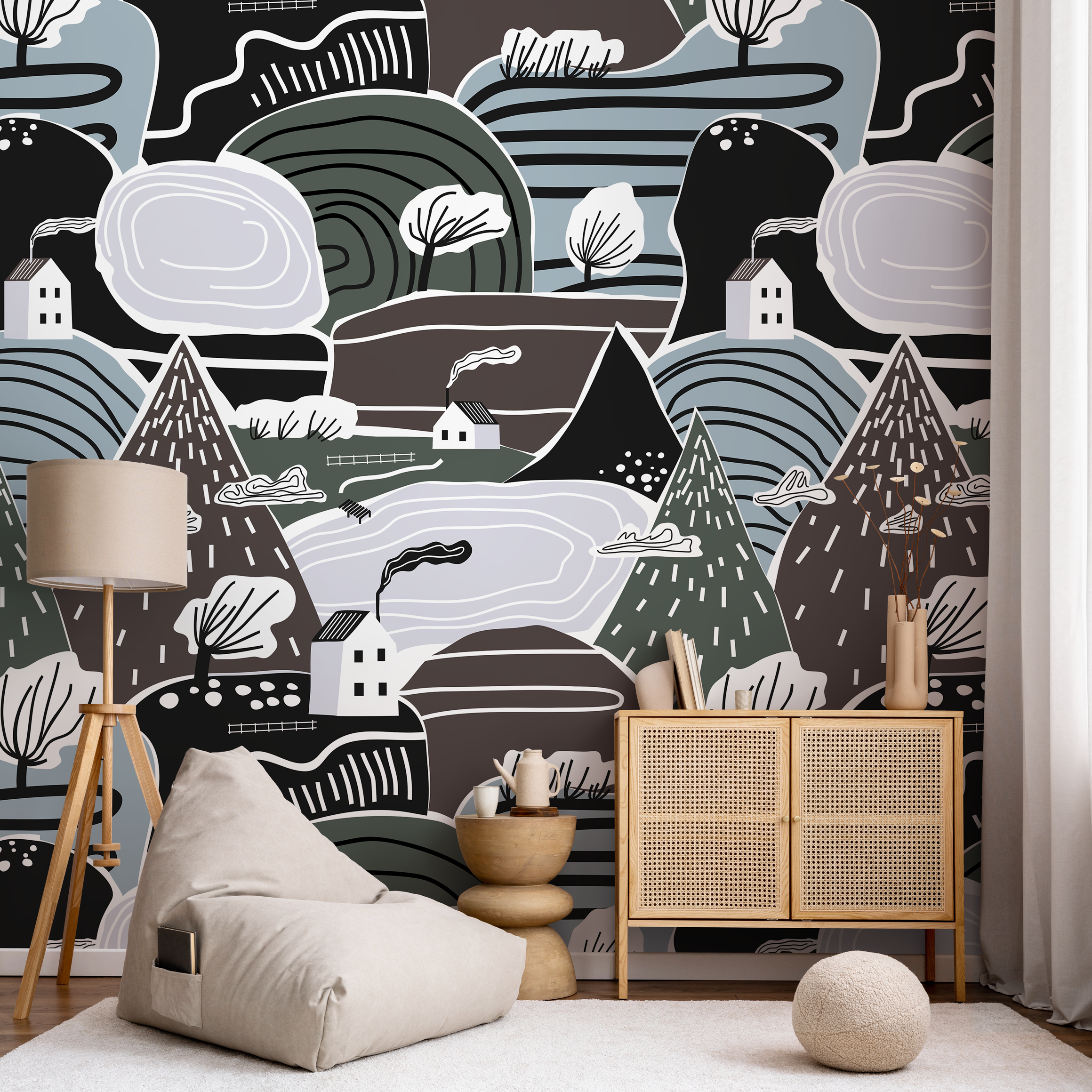 Scandinavian Wallpaper With A Folk Art Mountain Village In Black, Blue, And Green - A567