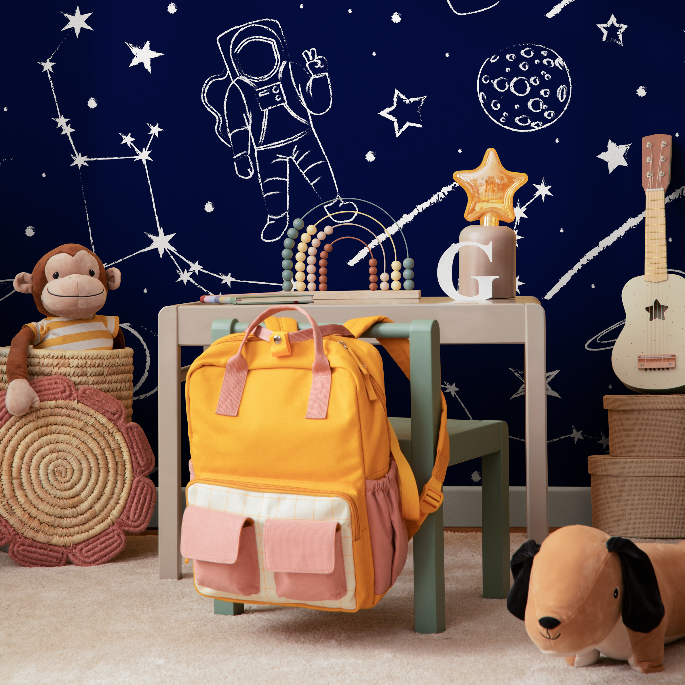 Space Wallpaper With Hand-drawn Astronauts In Navy Blue And White - A582