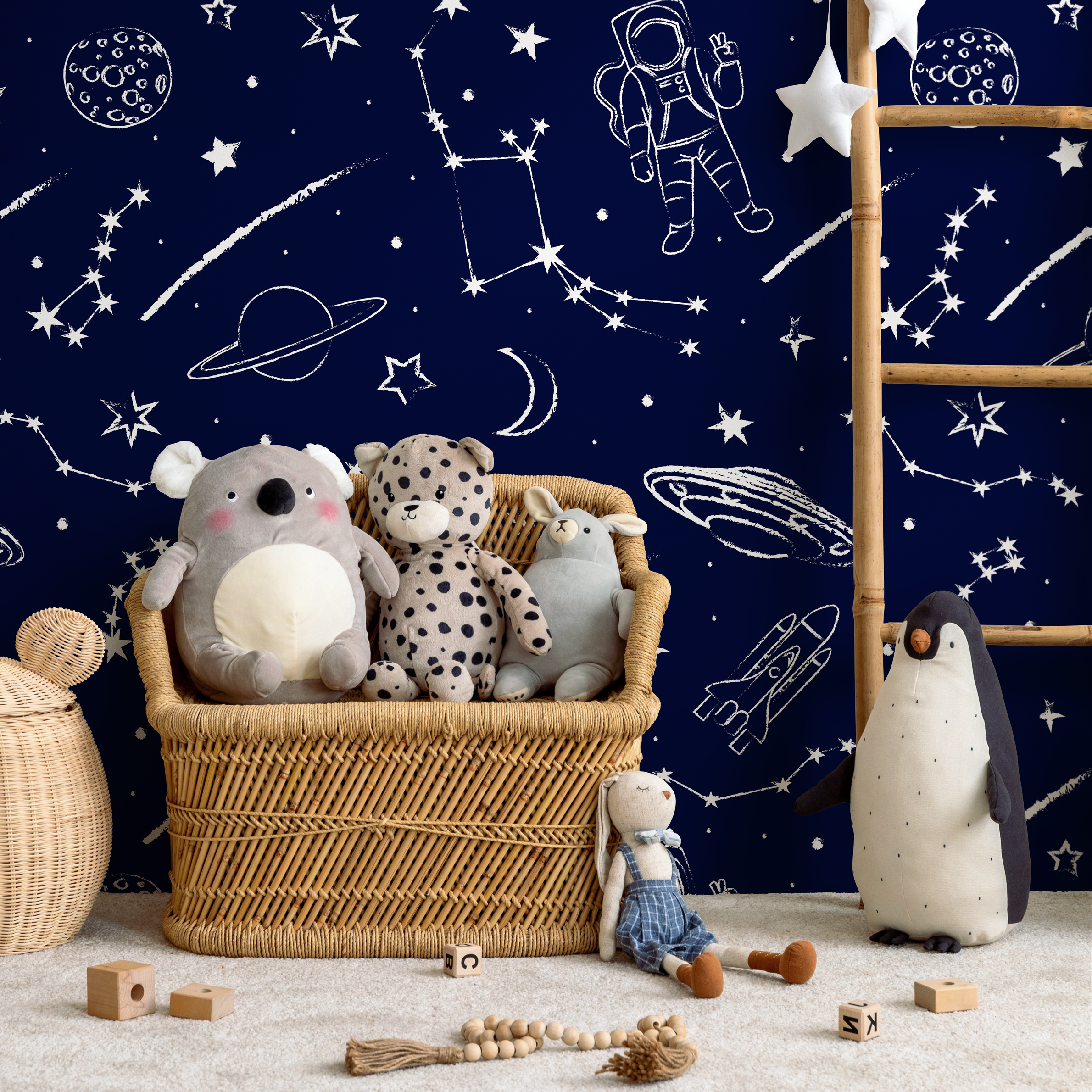 Space Wallpaper With Hand-drawn Astronauts In Navy Blue And White - A582