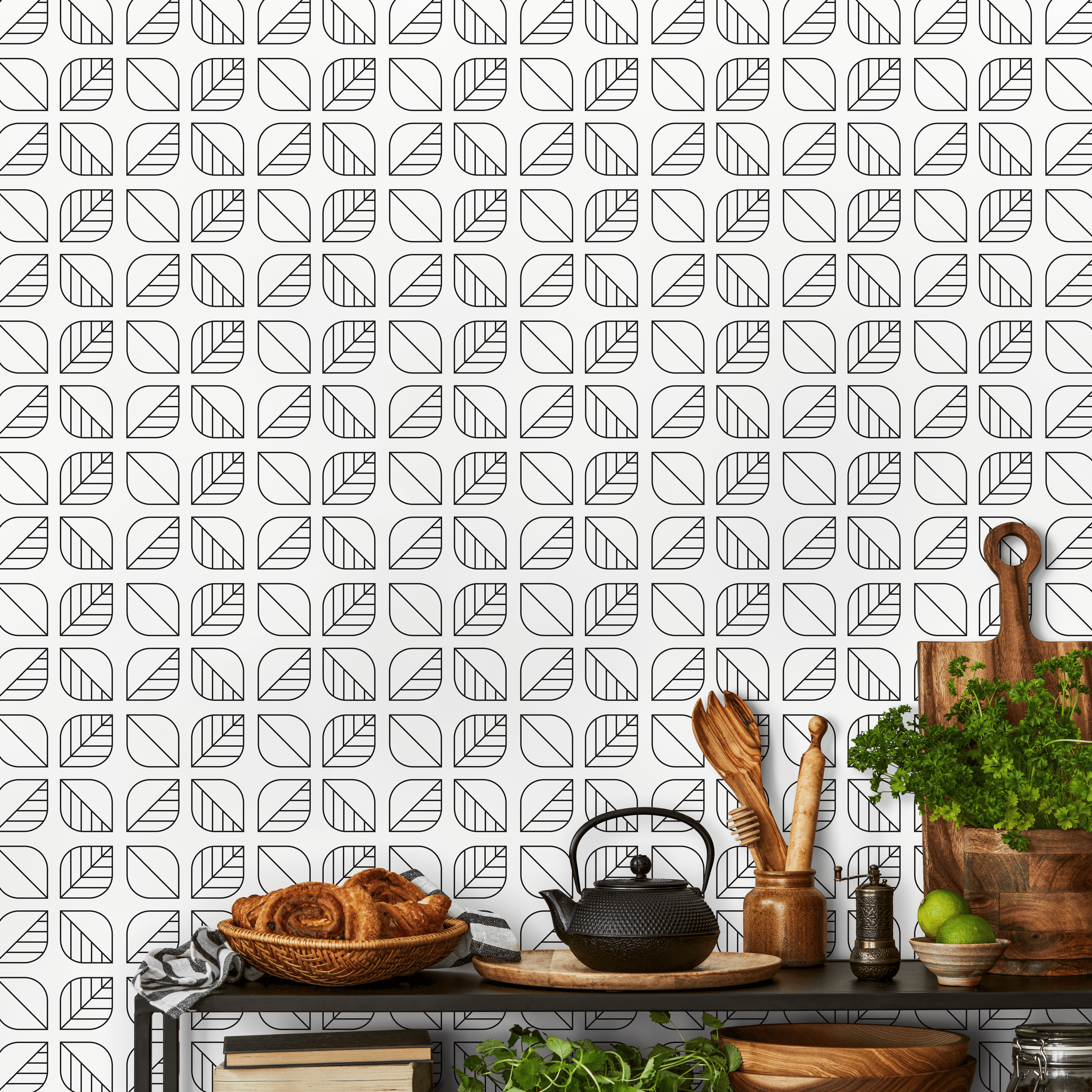 Geometric Wallpaper With A Scandinavian Leaf Motif In Black And White - A588