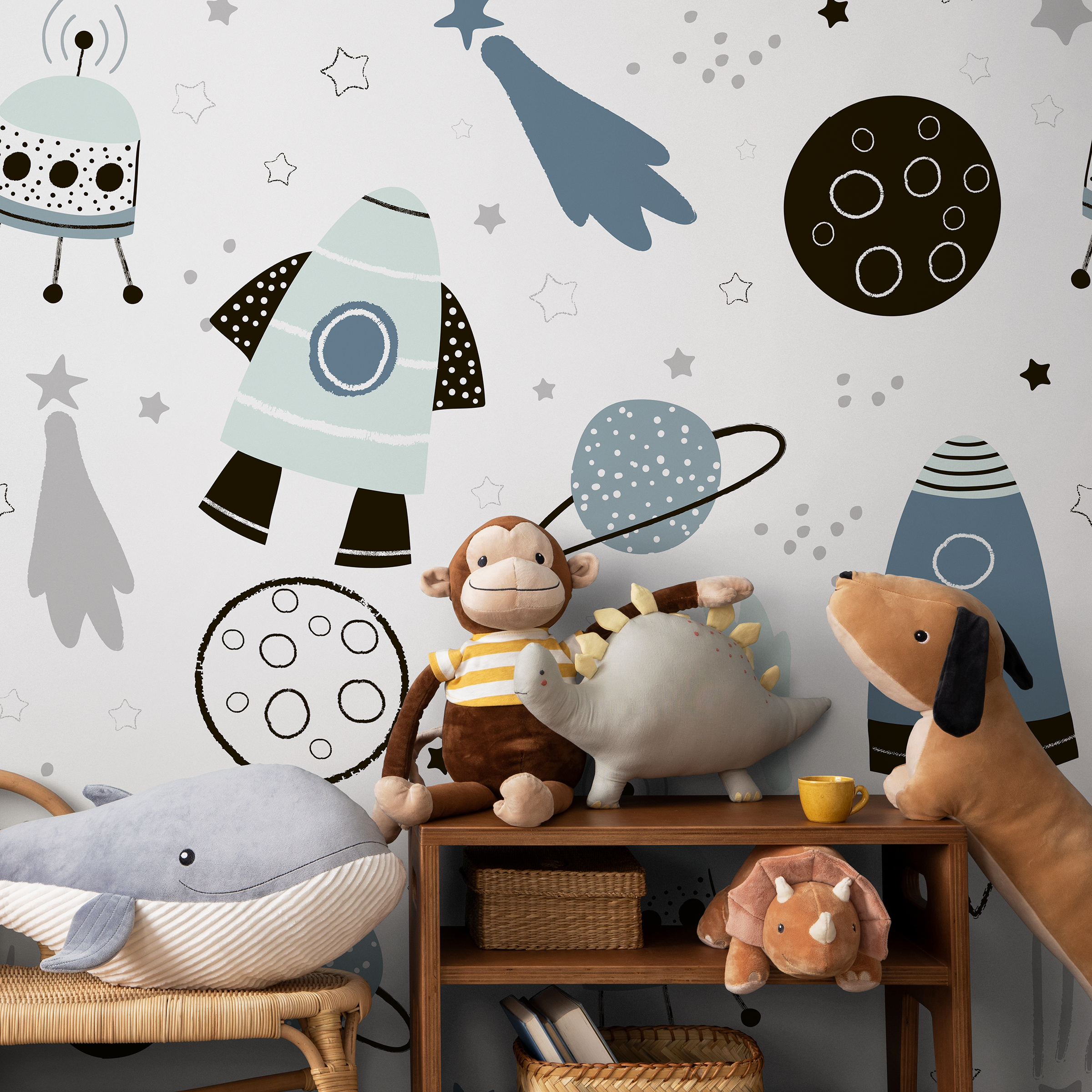 Space Wallpaper With Rockets, Planets, And Stars In Blue, Black, And Grey - A596