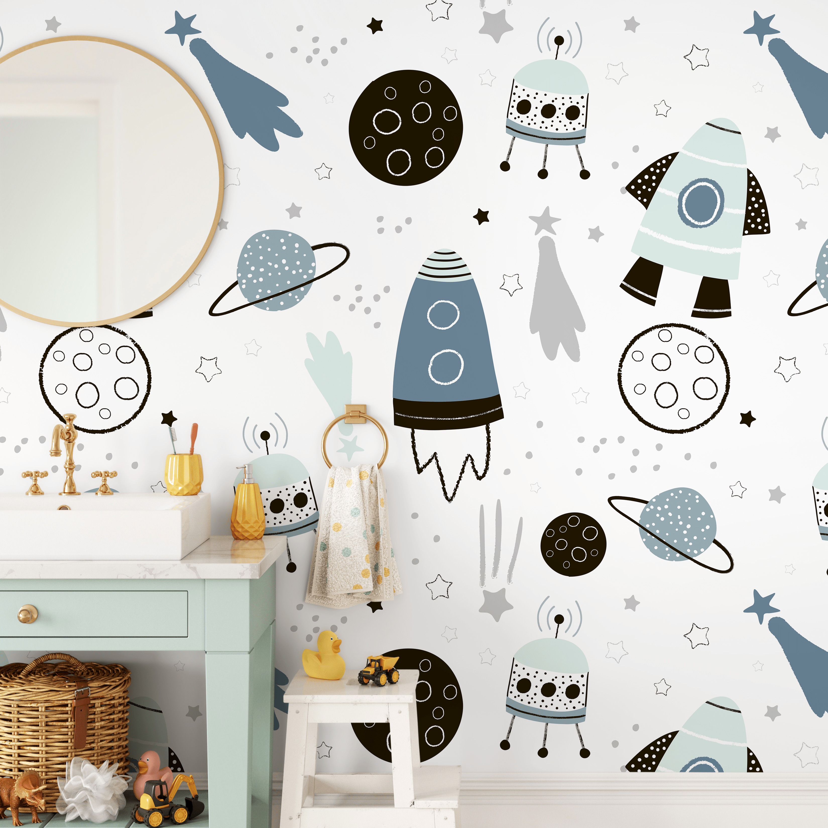 Space Wallpaper With Rockets, Planets, And Stars In Blue, Black, And Grey - A596