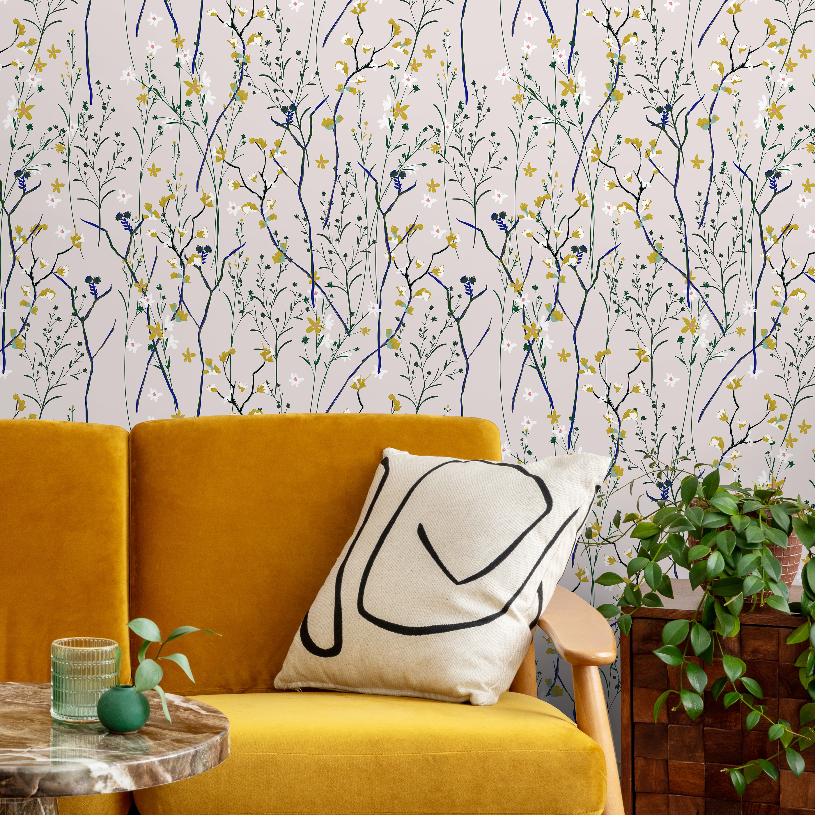 Botanical Wallpaper Featuring Dainty Wildflowers In Pink, Blue, And Yellow - A597