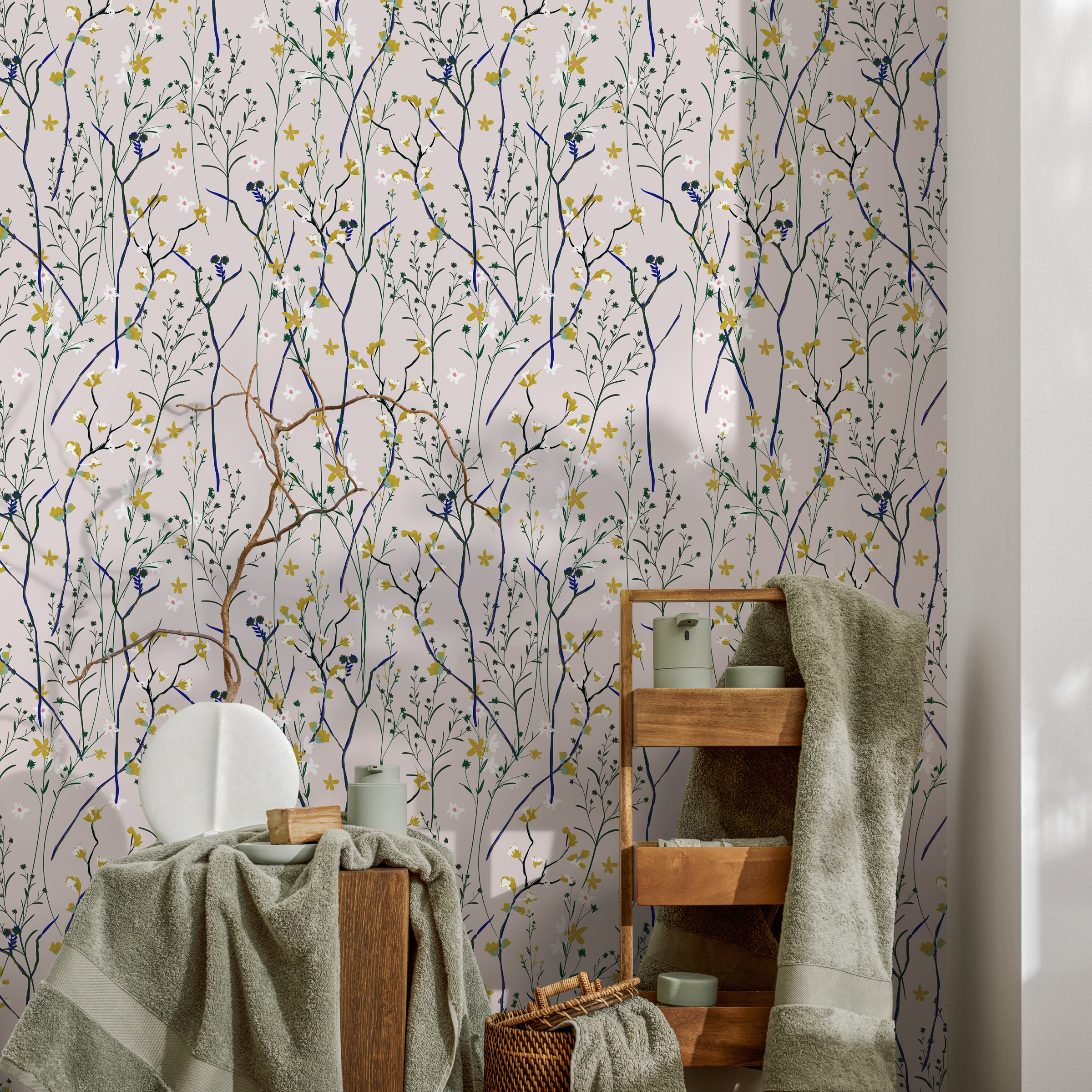 Botanical Wallpaper Featuring Dainty Wildflowers In Pink, Blue, And Yellow - A597