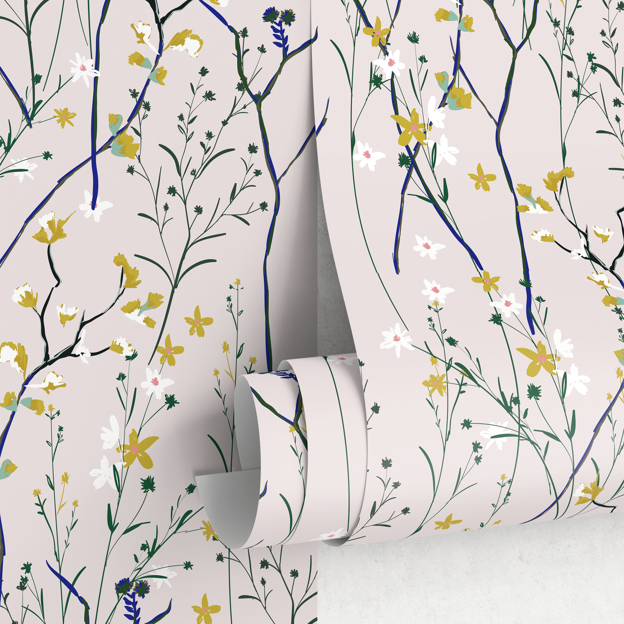 Botanical Wallpaper Featuring Dainty Wildflowers In Pink, Blue, And Yellow - A597