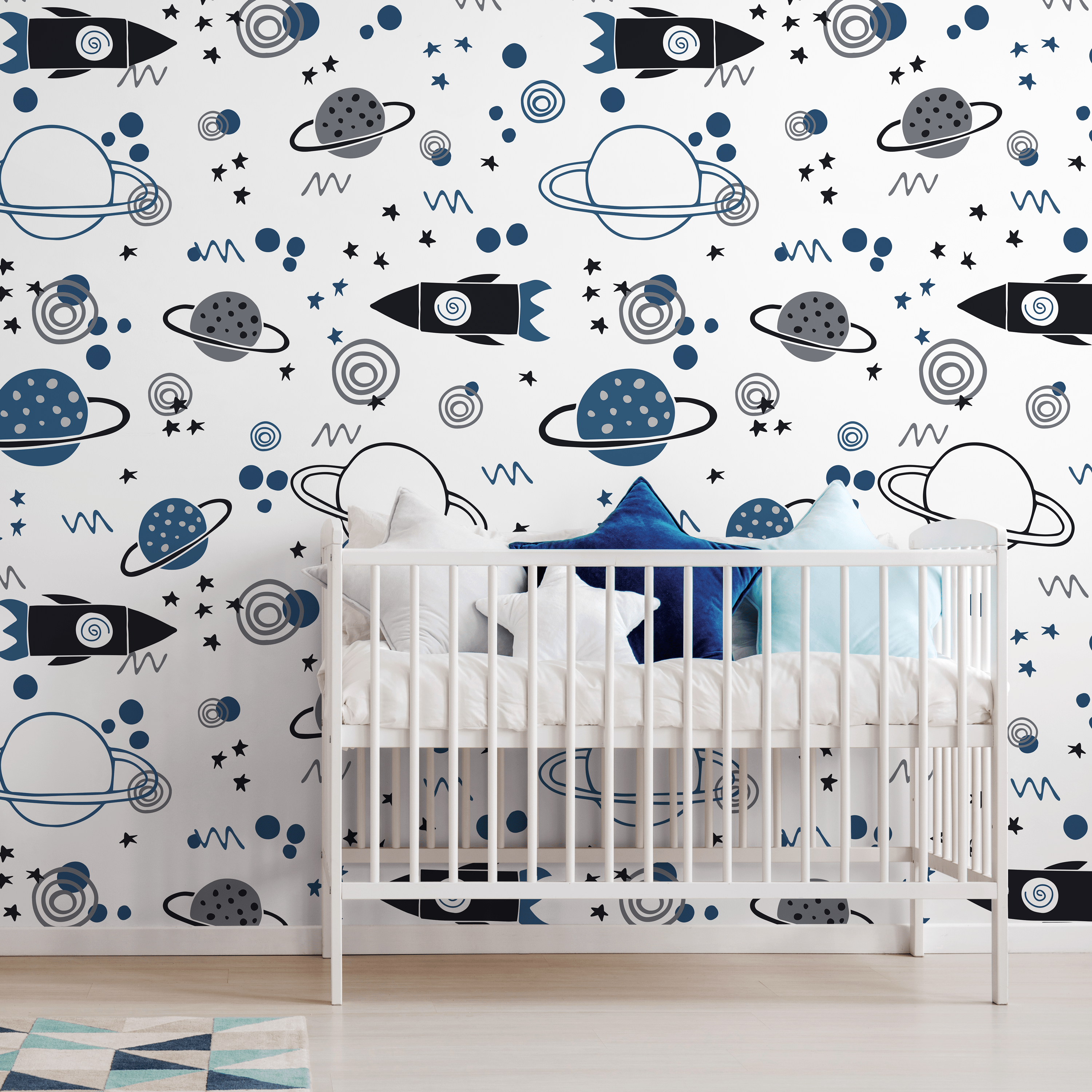 Kids Wallpaper With Rockets And Planets In Blue, Grey, And Black - A607