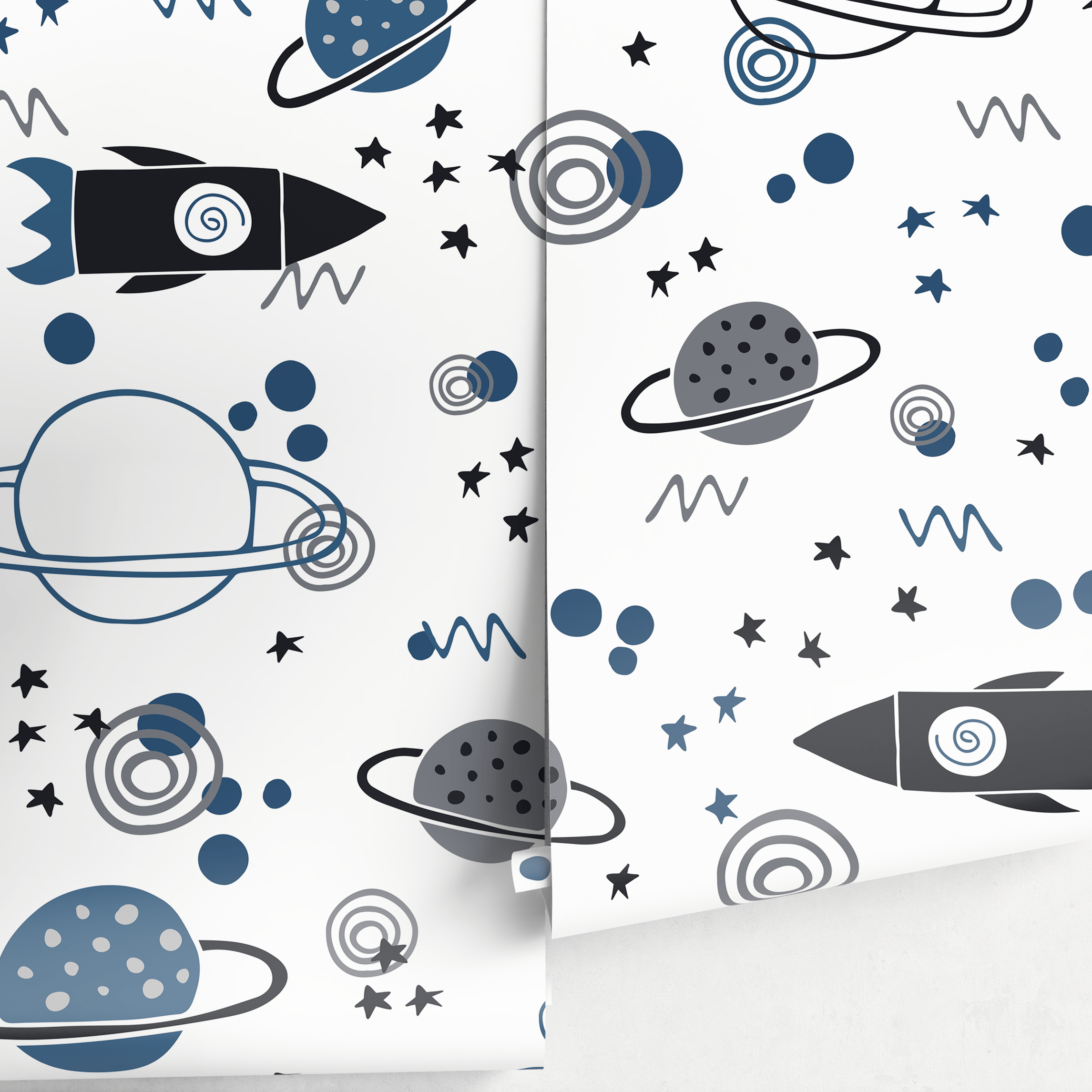 Kids Wallpaper With Rockets And Planets In Blue, Grey, And Black - A607