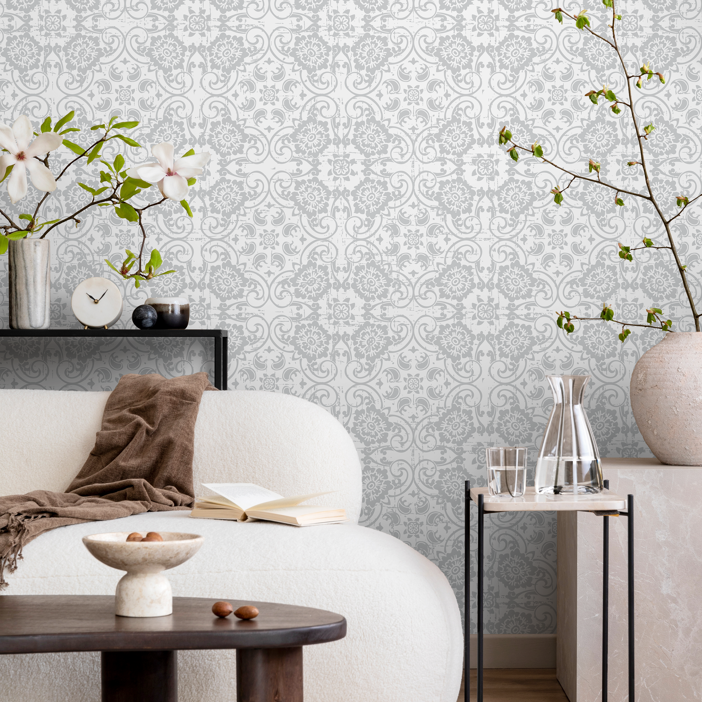 Damask Wallpaper With A Distressed Floral Motif In Gray - A609