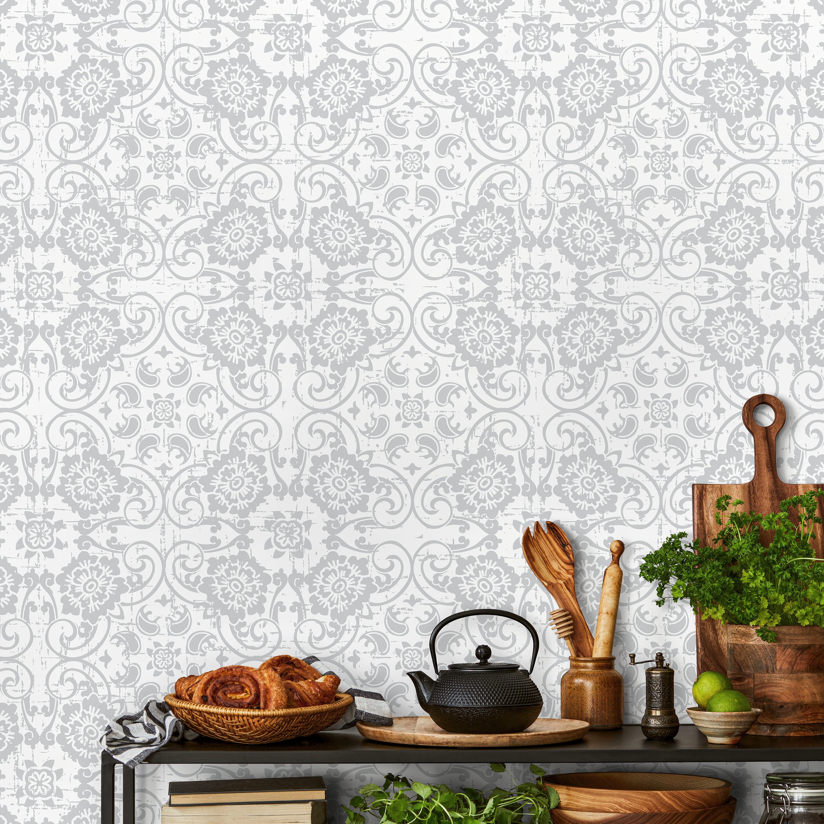 Damask Wallpaper With A Distressed Floral Motif In Gray - A609