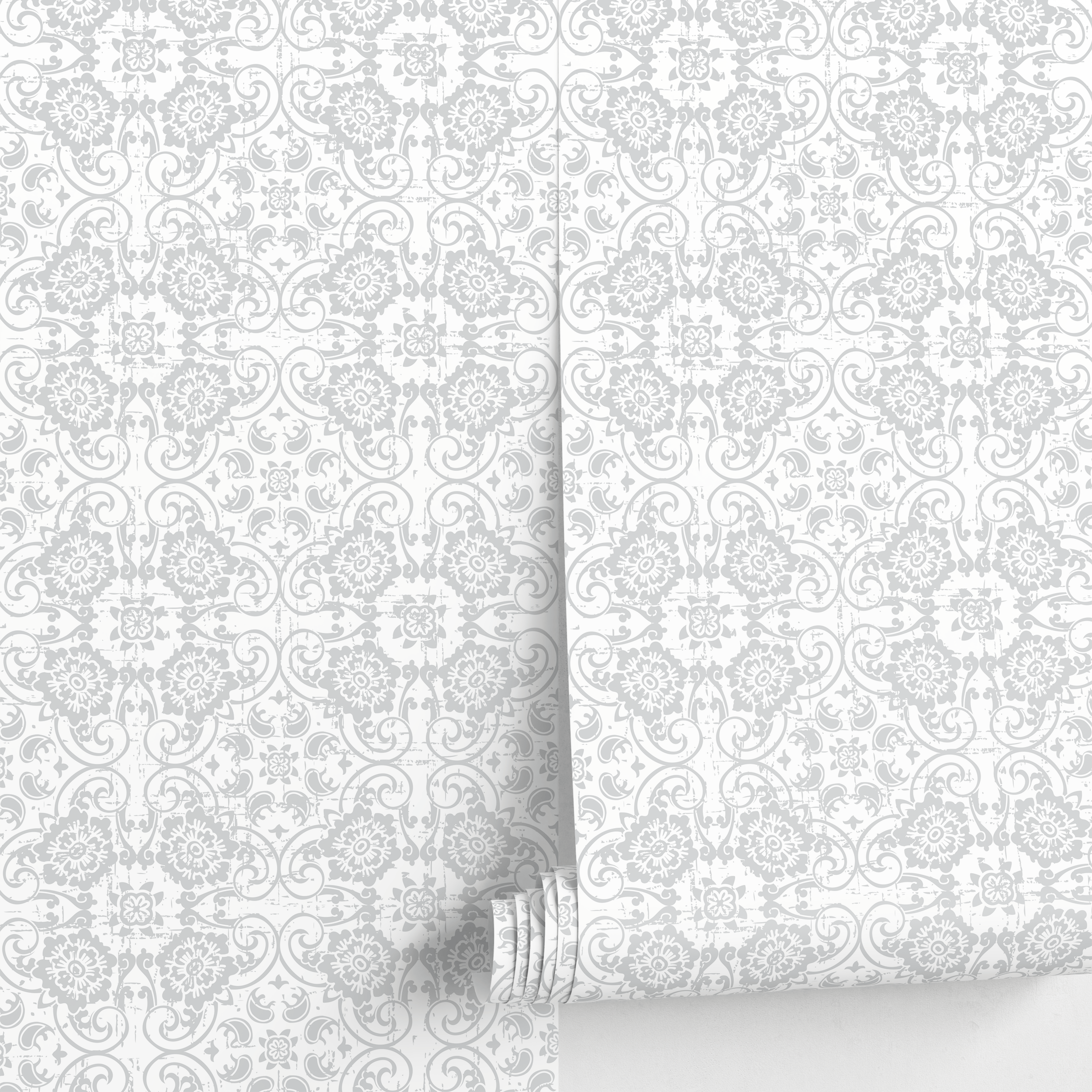 Damask Wallpaper With A Distressed Floral Motif In Gray - A609