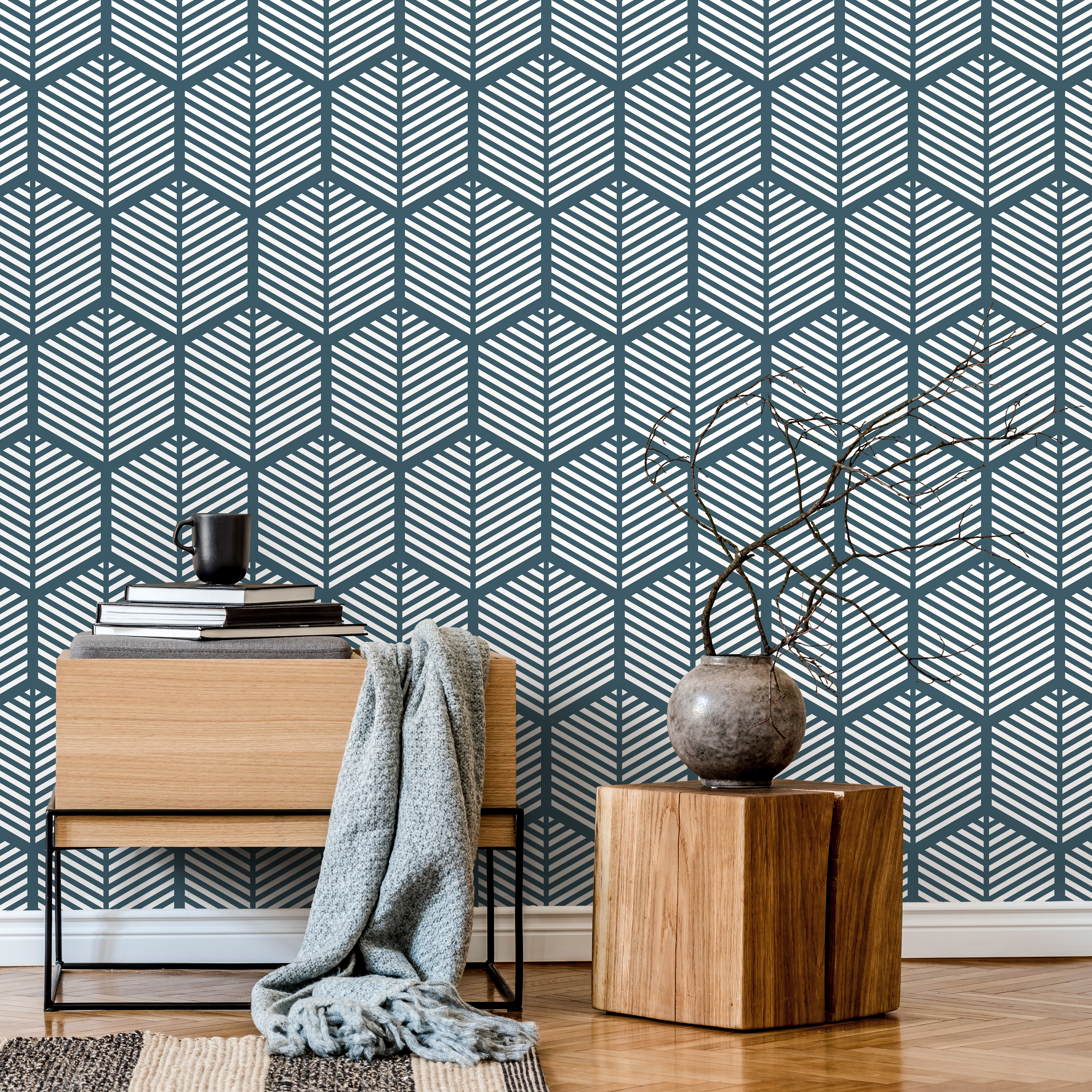 Geometric Wallpaper With A Stylized Leaf Motif In Blue And White - A616
