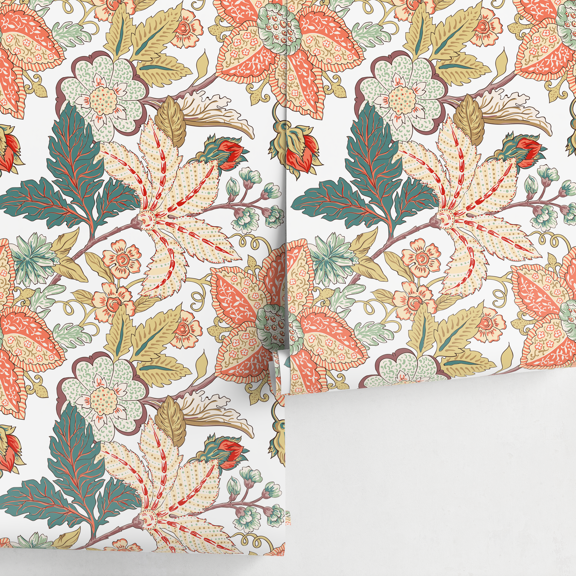 Vintage Botanical Wallpaper With Intricate Florals In Red, Teal, And Green - A621
