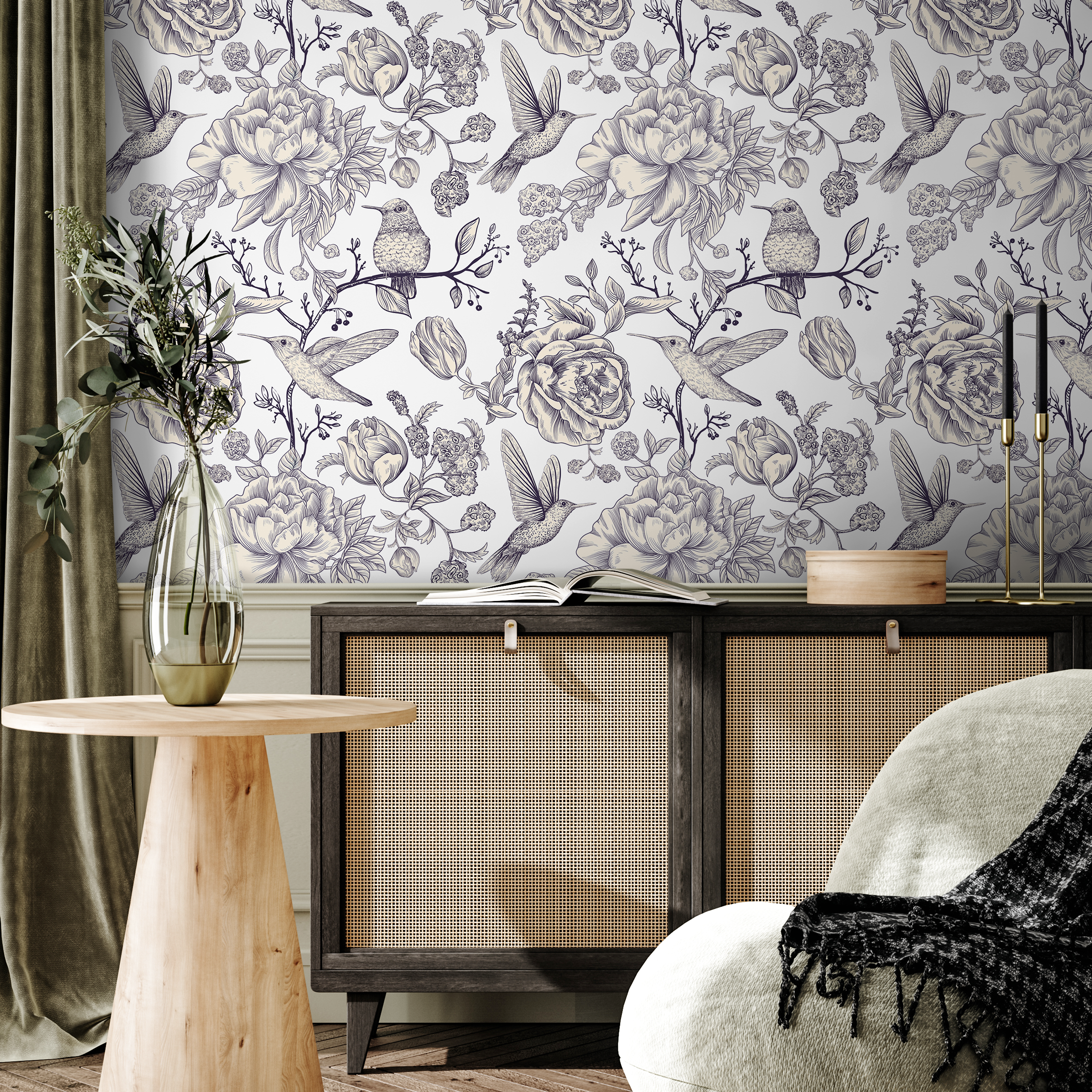 Vintage Floral Wallpaper With Hummingbirds And Peonies In Navy Blue - A627