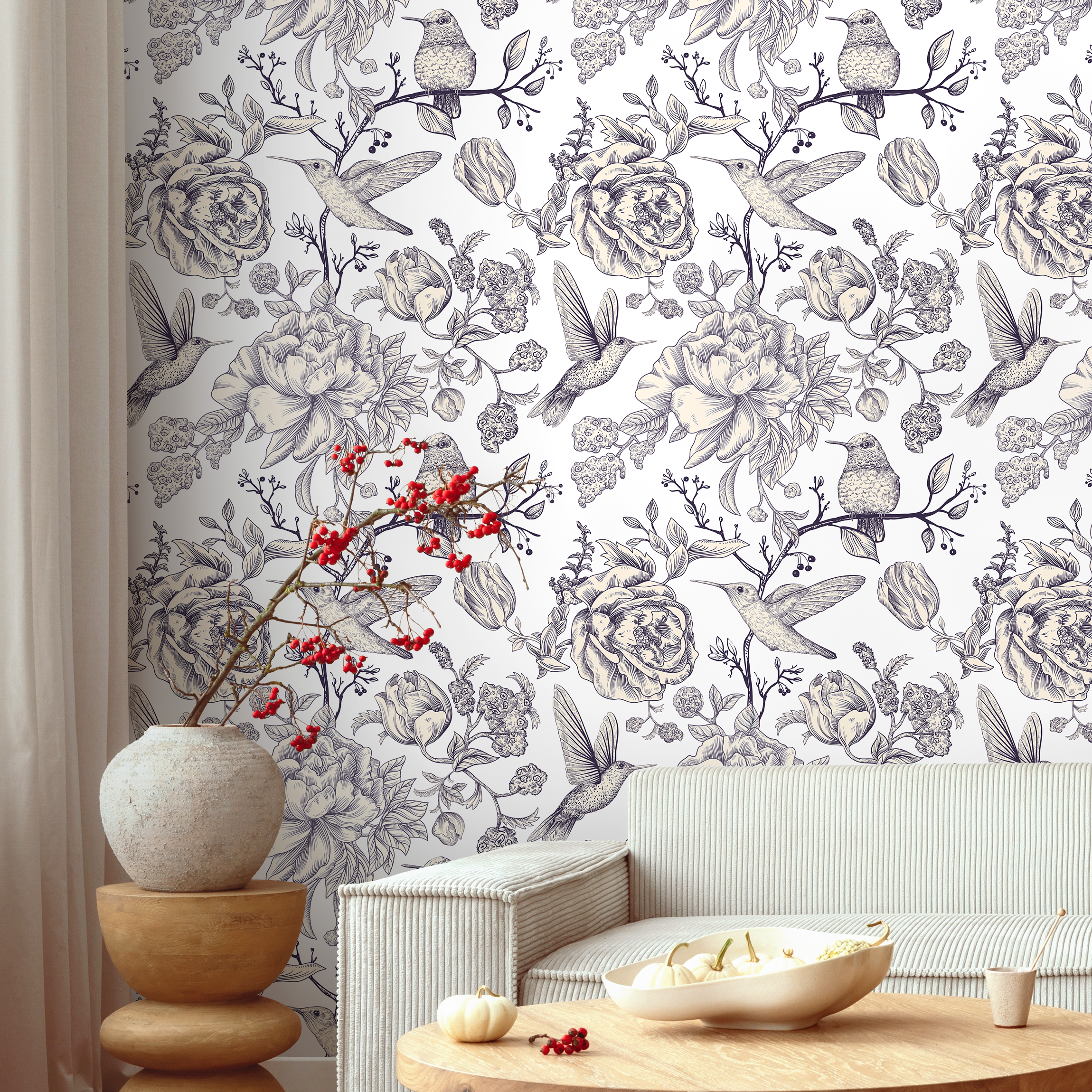 Vintage Floral Wallpaper With Hummingbirds And Peonies In Navy Blue - A627