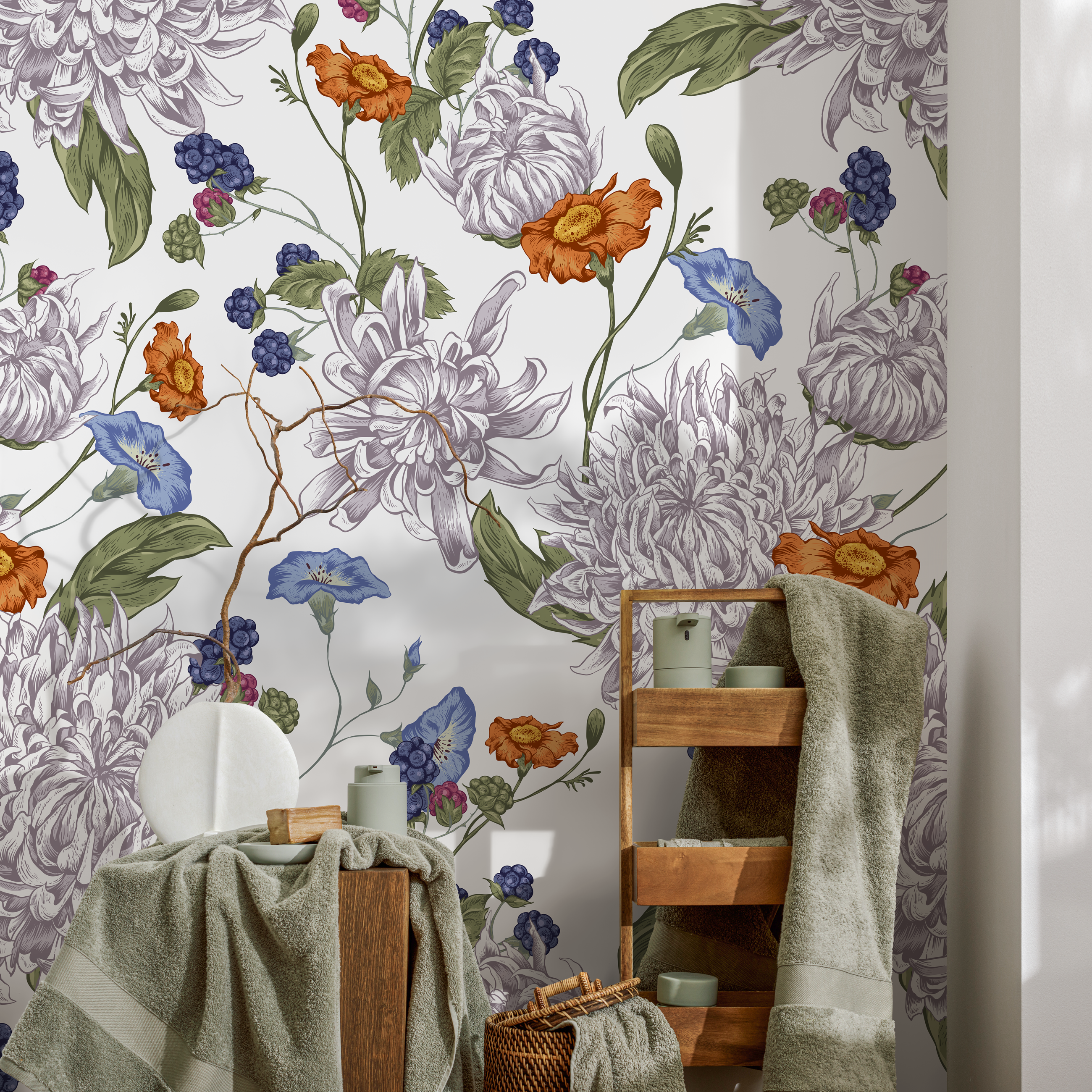 Floral Wallpaper With Vintage Chrysanthemums In Purple, Orange, And Blue - A628