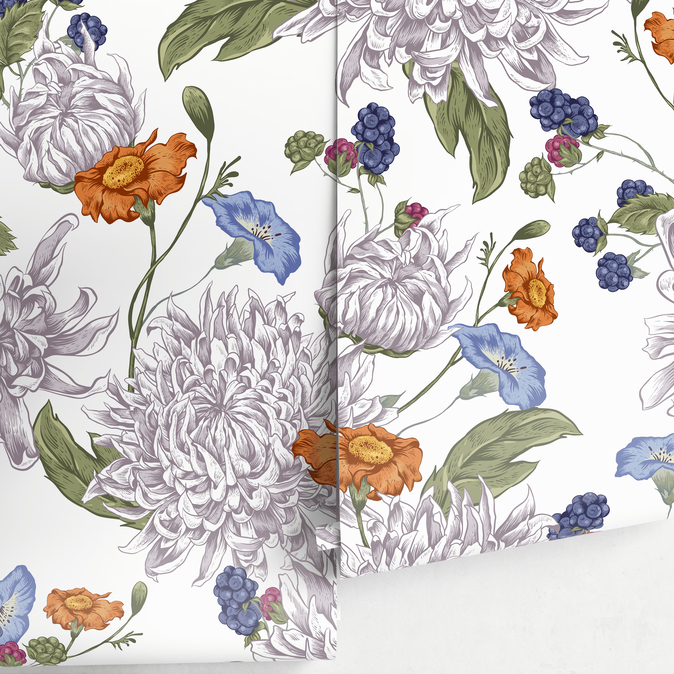 Floral Wallpaper With Vintage Chrysanthemums In Purple, Orange, And Blue - A628