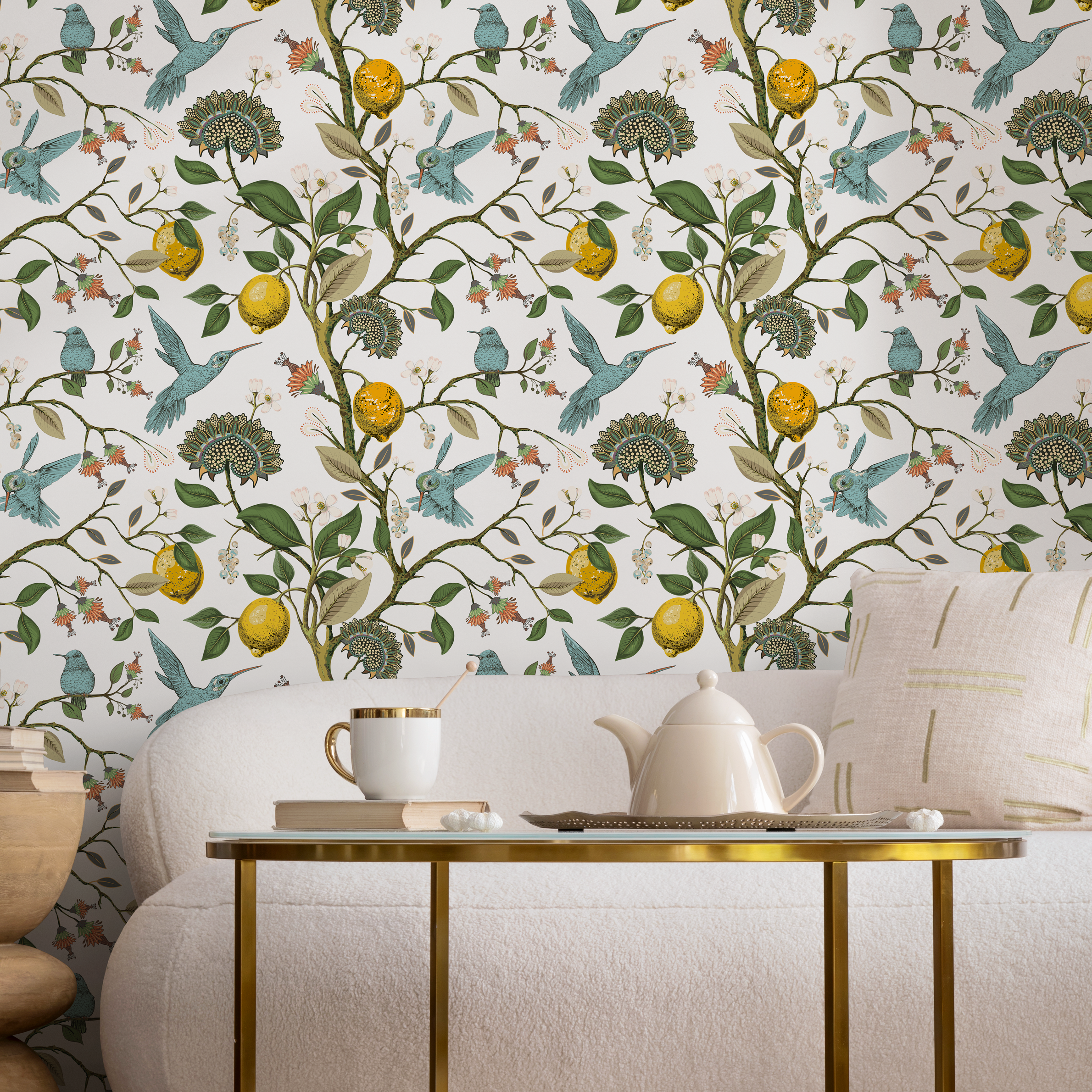 Botanical Wallpaper With Lemons And Hummingbirds In Blue, Yellow, And Green - A630