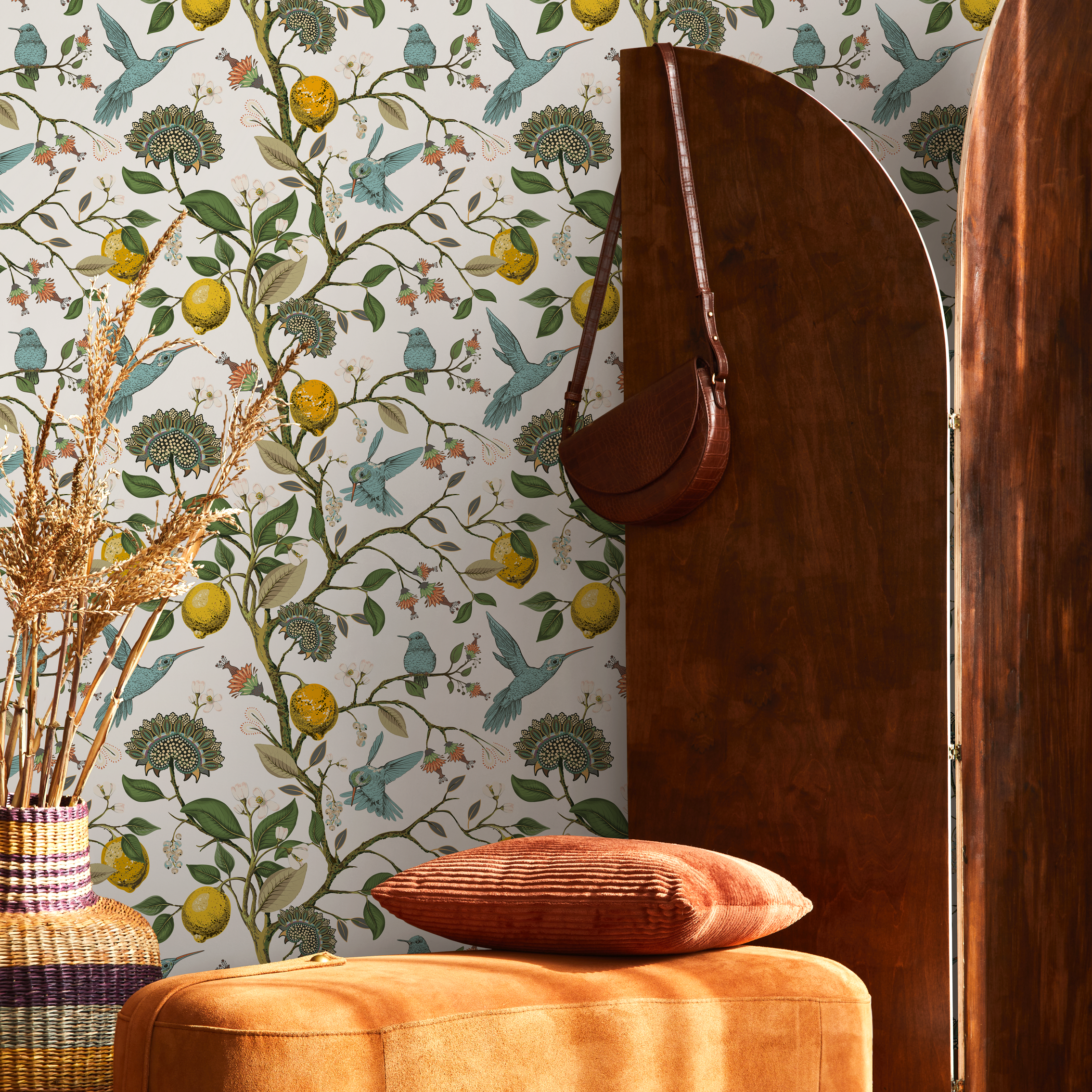 Botanical Wallpaper With Lemons And Hummingbirds In Blue, Yellow, And Green - A630