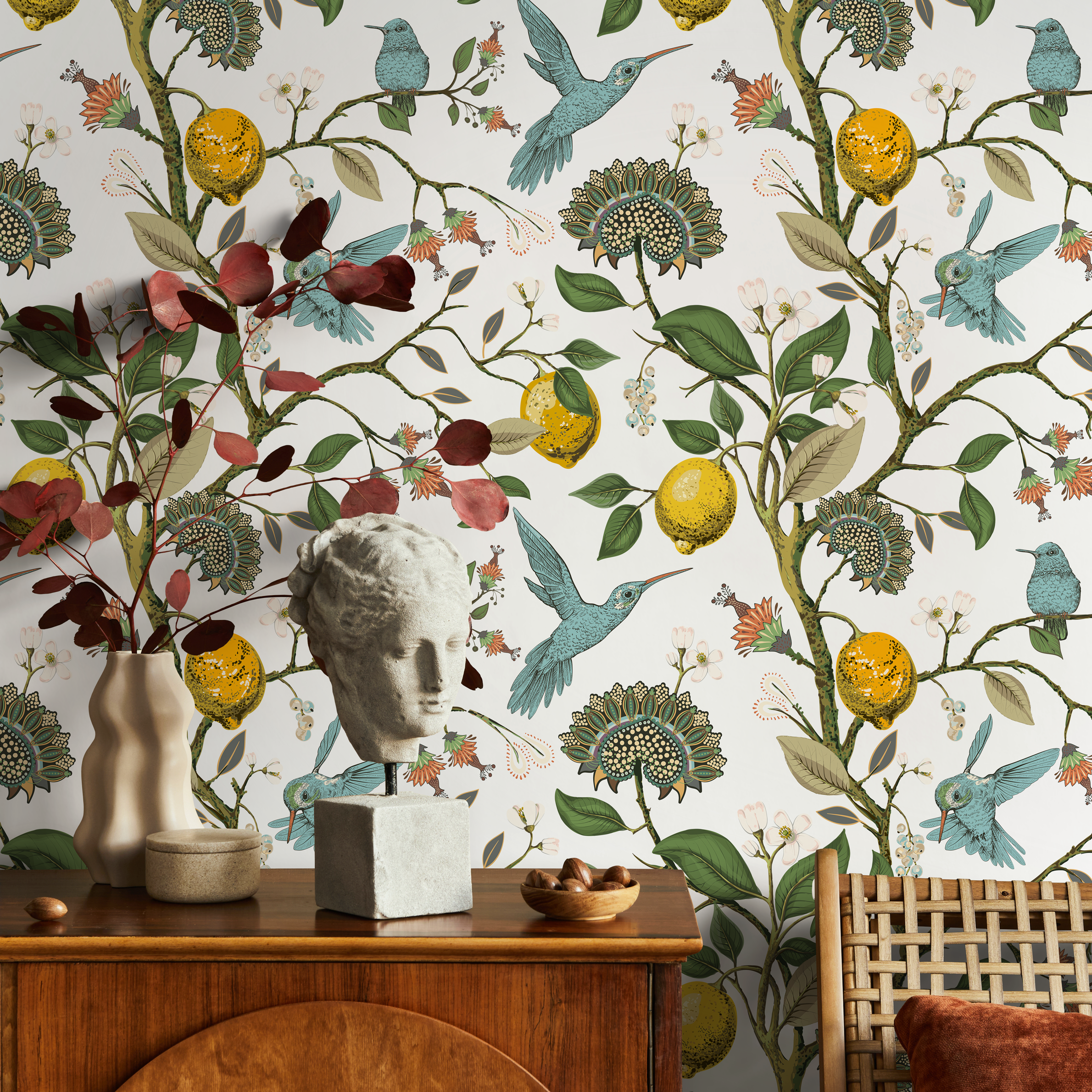Botanical Wallpaper With Lemons And Hummingbirds In Blue, Yellow, And Green - A630